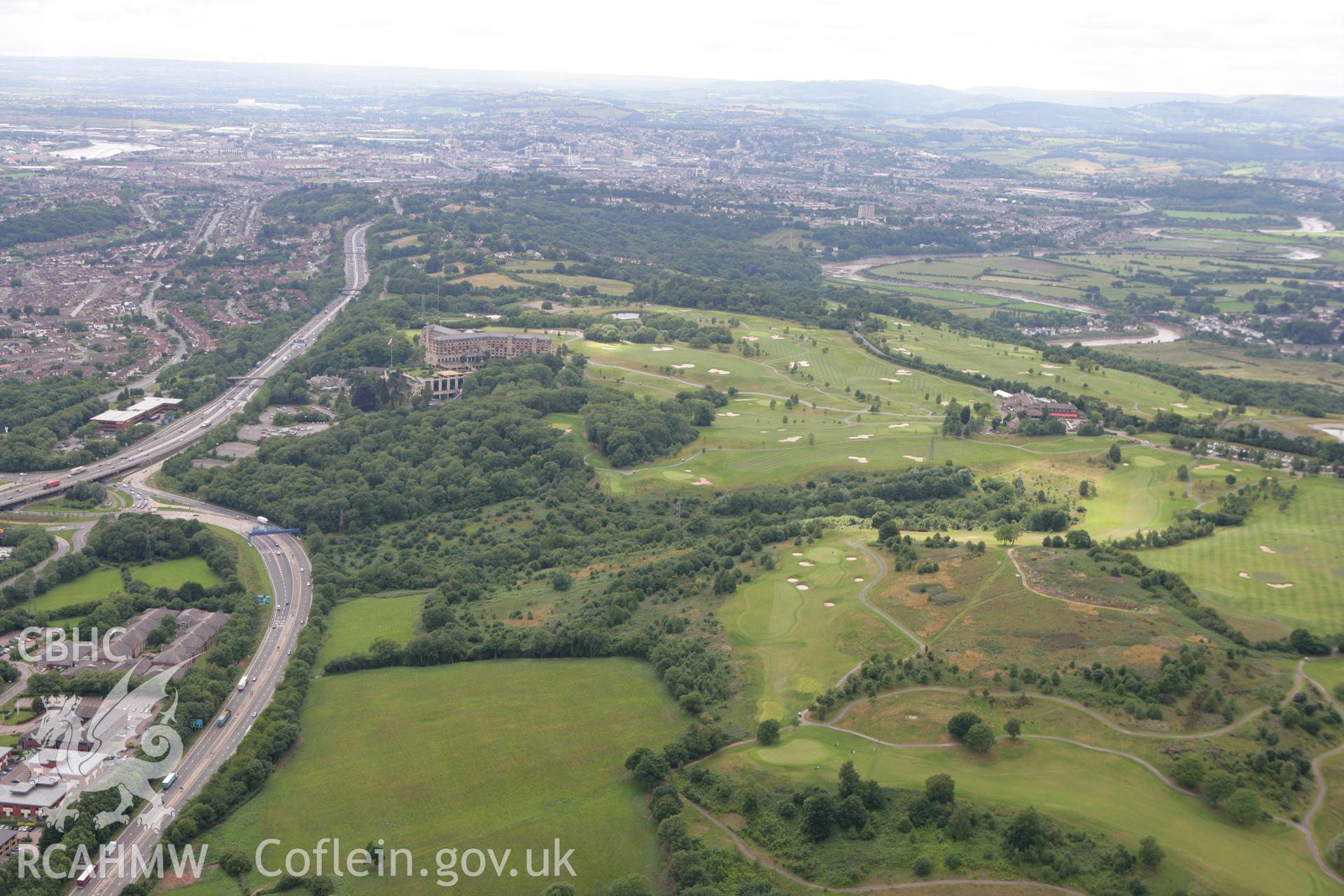 RCAHMW colour oblique photograph of Coldra House, looking east over Celtic Manor golf course. Taken by Toby Driver on 29/07/2010.