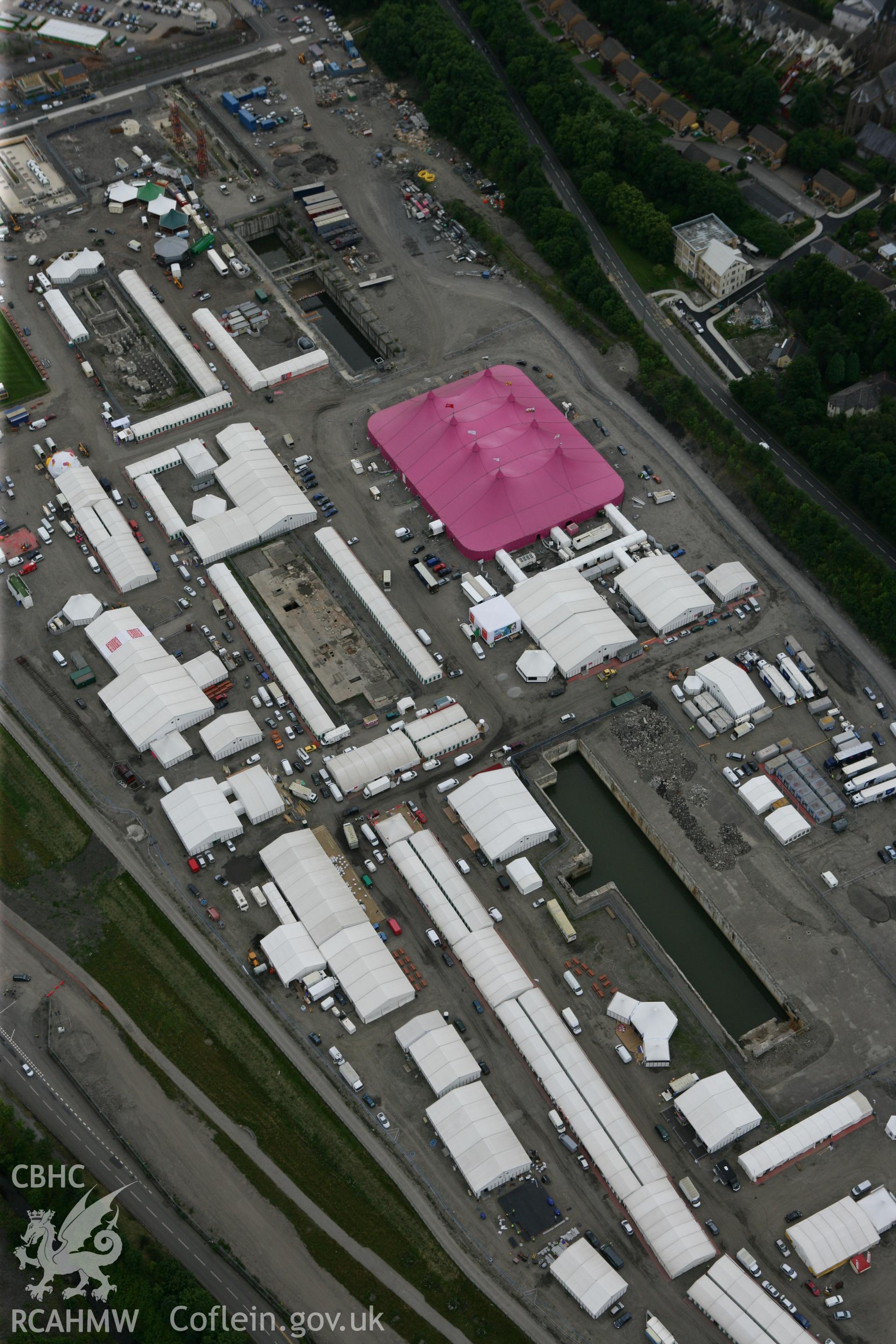 RCAHMW colour oblique photograph of National Eisteddfod of Wales 2010, on the site of the Ebbw Vale Steelworks. Taken by Toby Driver on 29/07/2010.