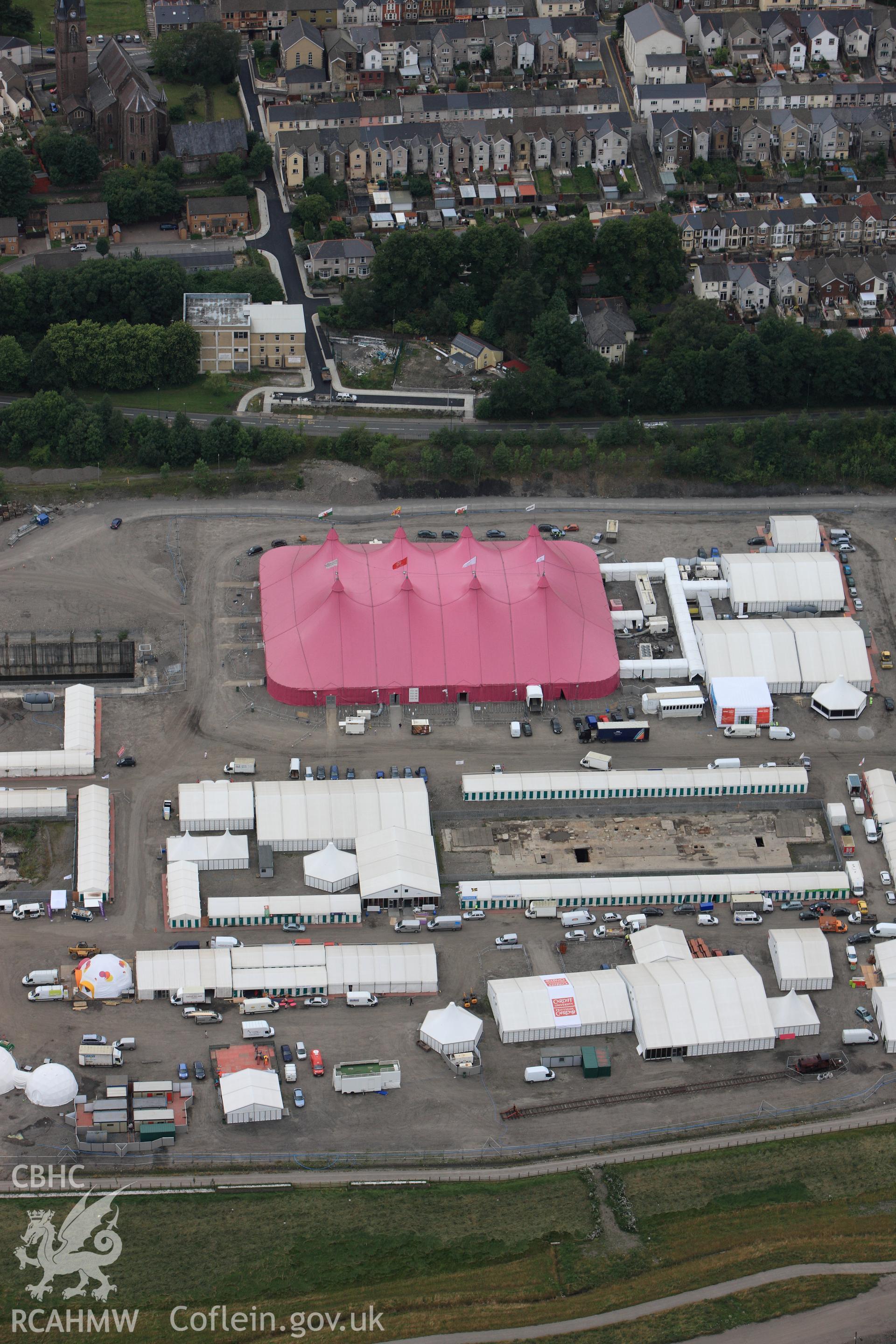 RCAHMW colour oblique photograph of National Eisteddfod of Wales 2010, on the site of the Ebbw Vale Steelworks. Taken by Toby Driver on 29/07/2010.