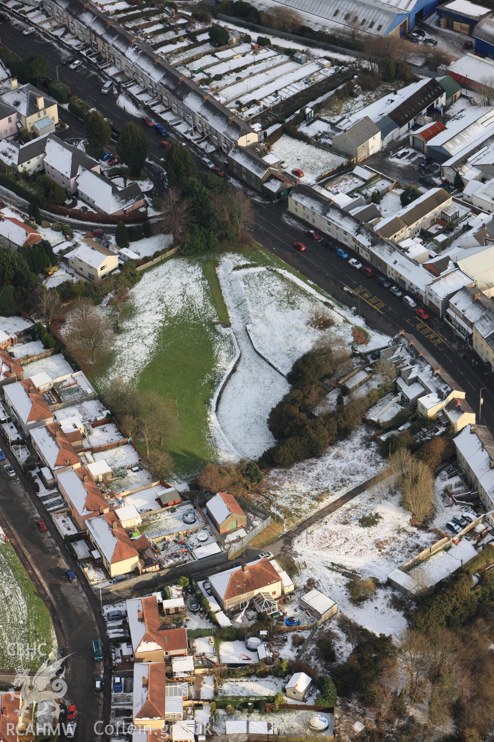 RCAHMW colour oblique photograph of Carmarthen Roman ampitheatre, under snow. Taken by Toby Driver on 01/12/2010.