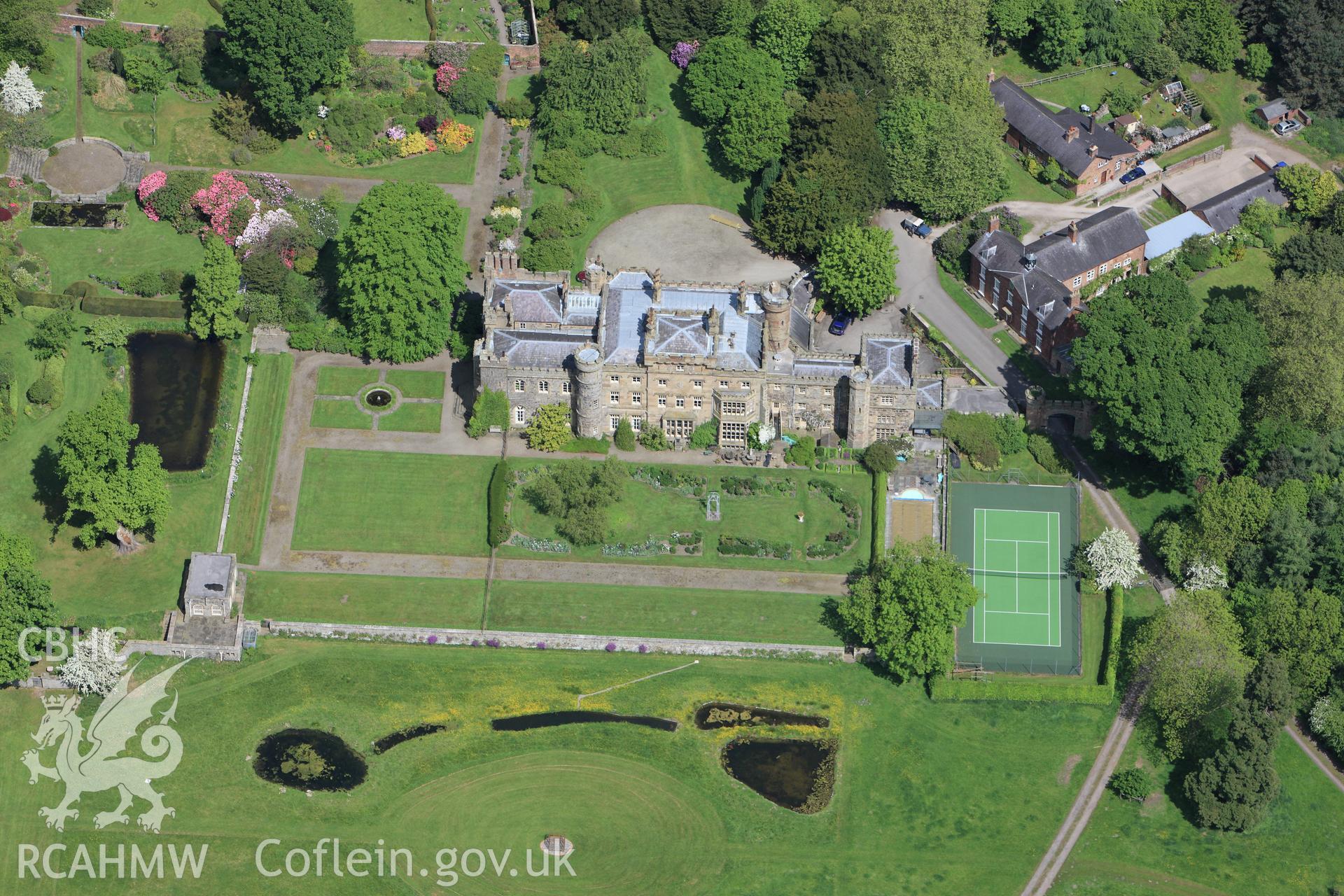 RCAHMW colour oblique photograph of Hawarden Castle estate and gardens. Taken by Toby Driver on 27/05/2010.