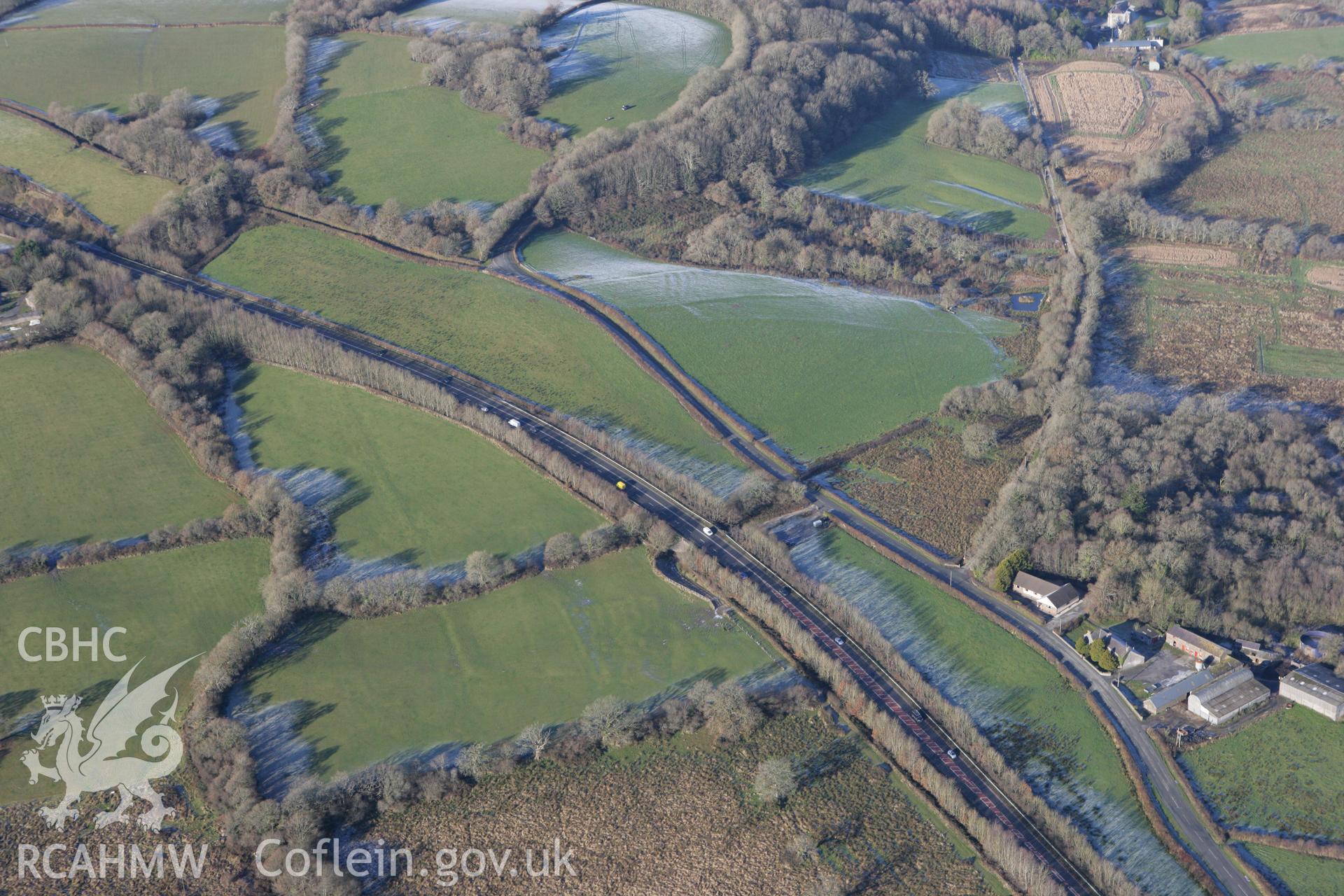 RCAHMW colour oblique photograph of Pengawse, showing earthworks of medieval house and garden. Taken by Toby Driver on 08/12/2010.