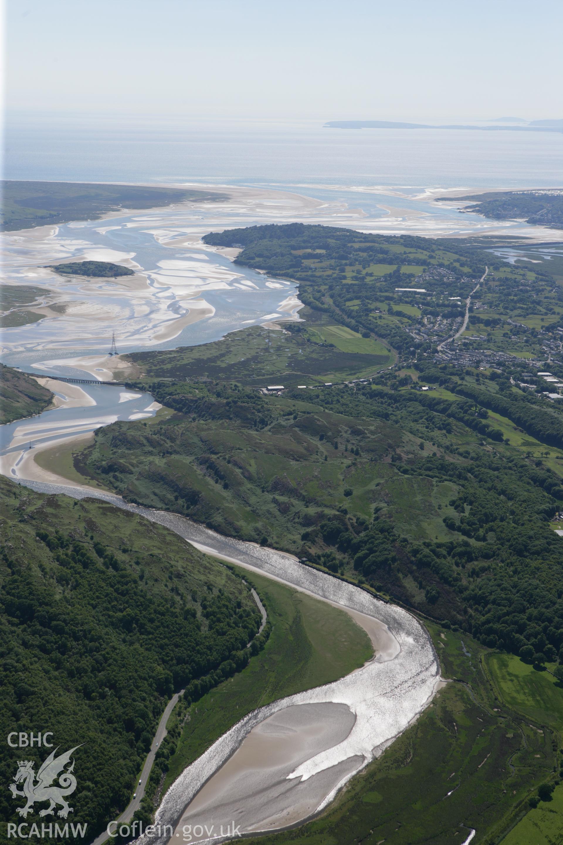 RCAHMW colour oblique photograph of Pont Brivet (Traeth Bach Railway Viaduct), with landscape over Tremadog Bay. Taken by Toby Driver on 16/06/2010.