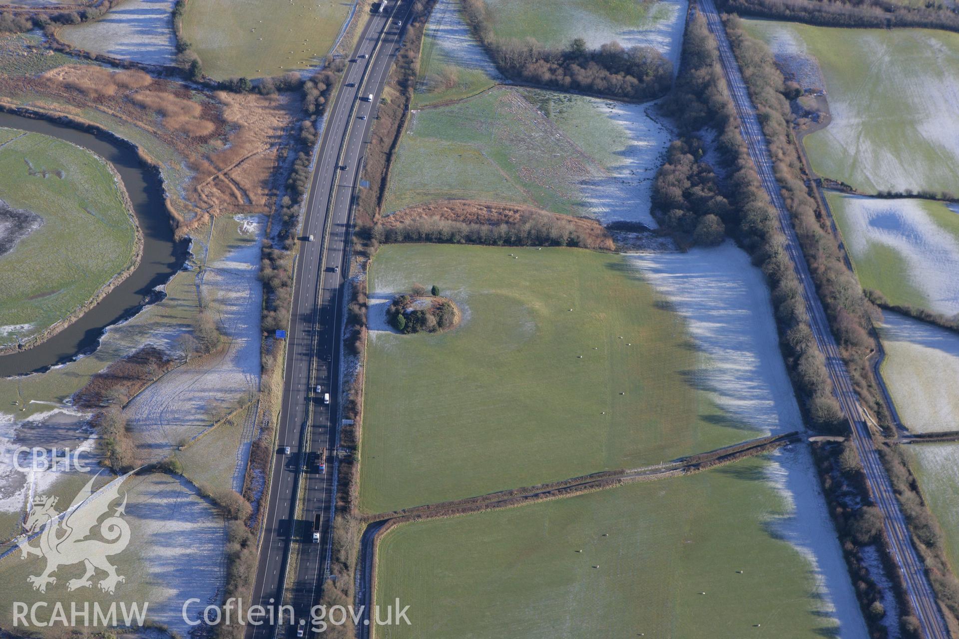 RCAHMW colour oblique photograph of Talybont Castle, motte and bailey. Taken by Toby Driver on 08/12/2010.