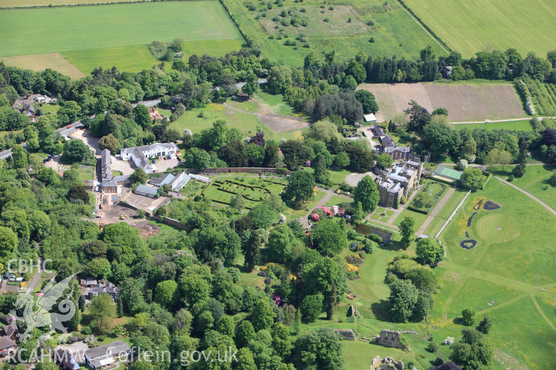 RCAHMW colour oblique photograph of Hawarden Castle estate and gardens. Taken by Toby Driver on 27/05/2010.