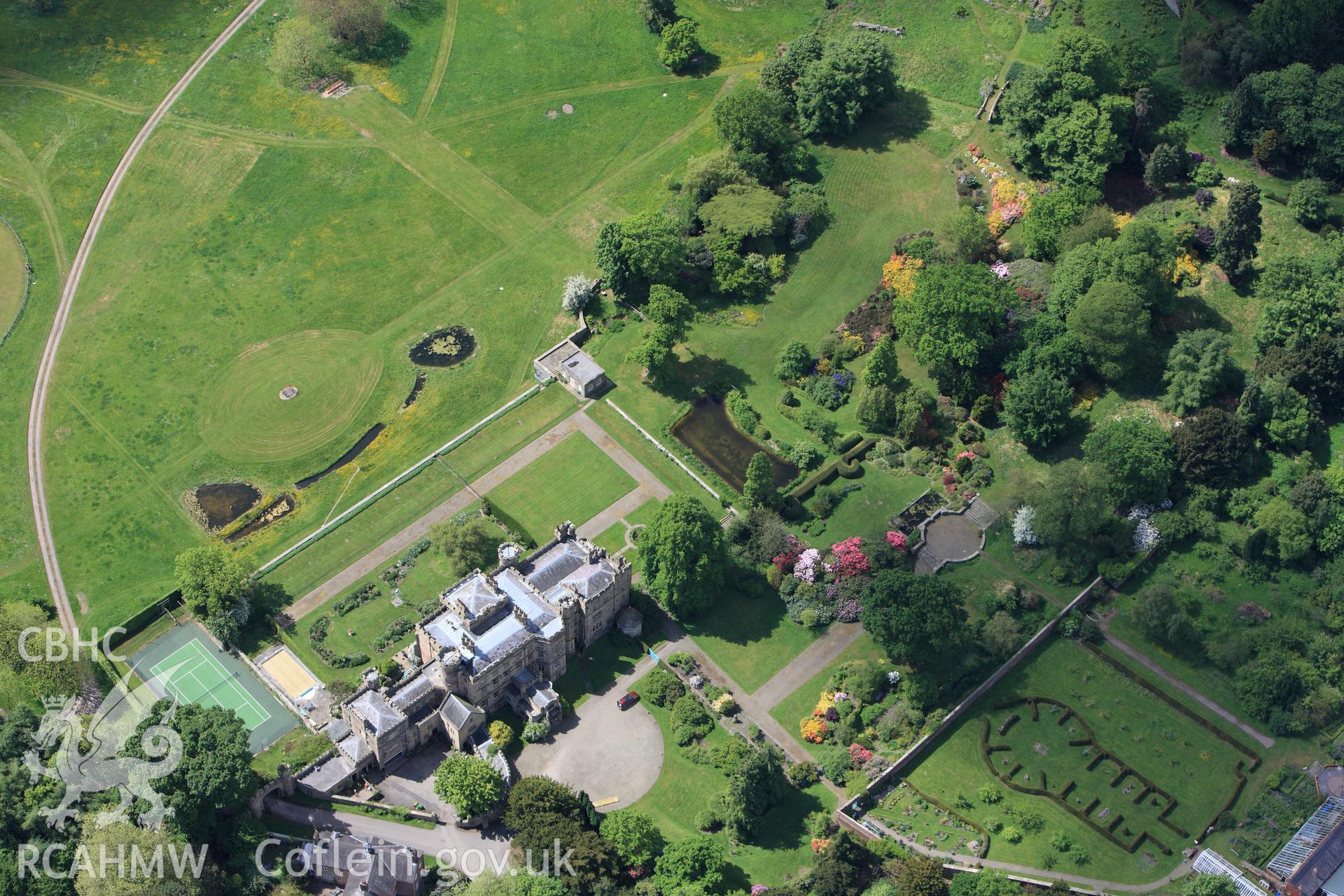 RCAHMW colour oblique photograph of Hawarden Castle estate and gardens. Taken by Toby Driver on 27/05/2010.