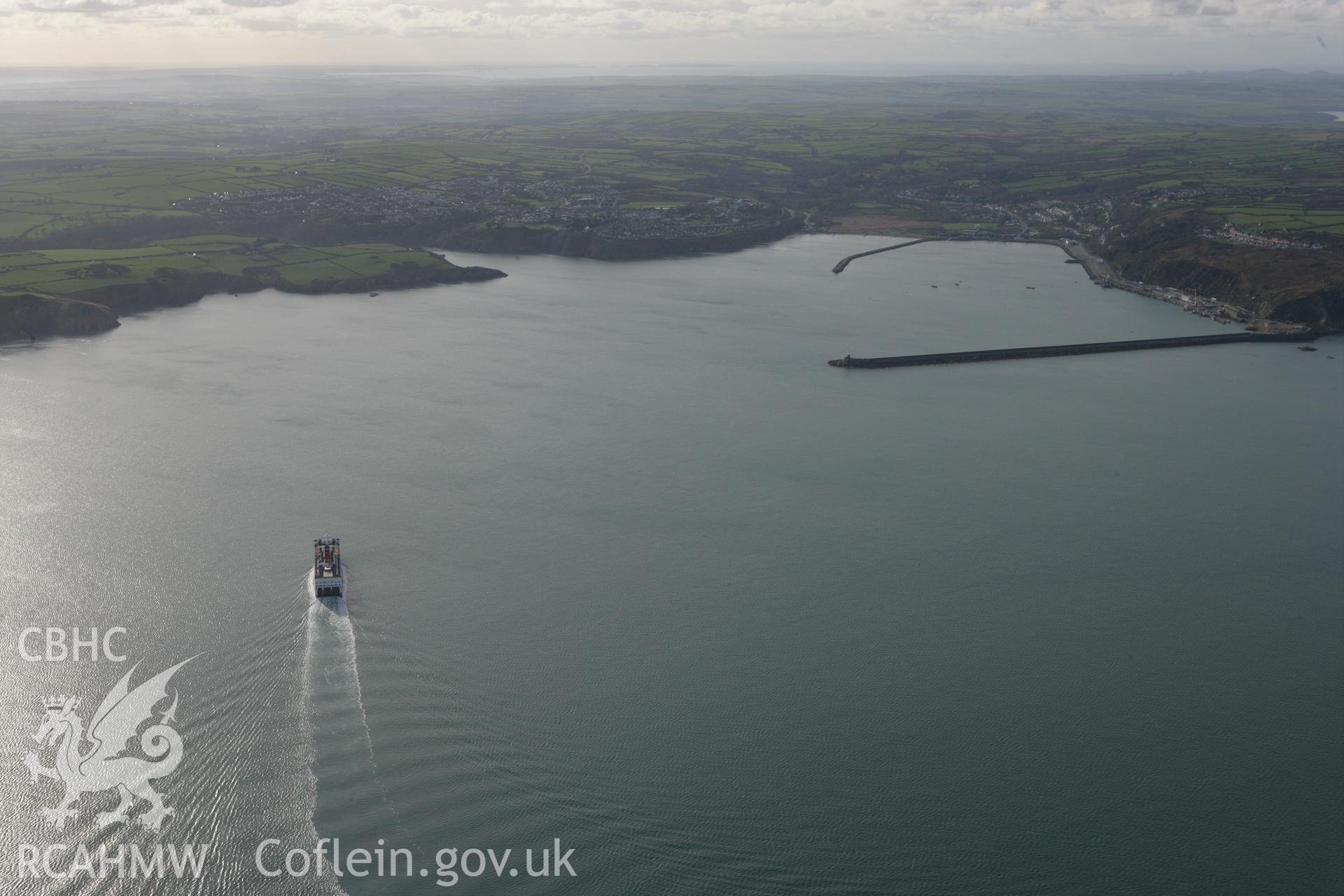 RCAHMW colour oblique photograph of ferry heading towards Fishguard Harbour. Taken by Toby Driver on 16/11/2010.