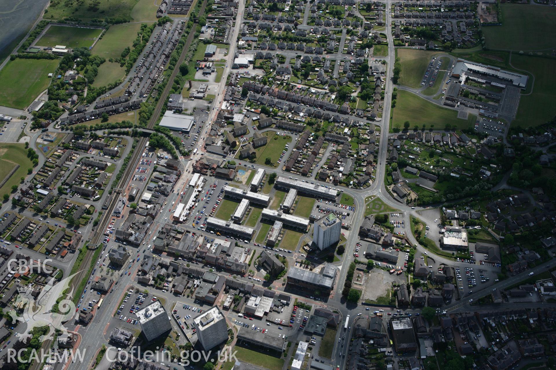 RCAHMW colour oblique photograph of St Mary's Church, Flint and surrounding housing. Taken by Toby Driver on 27/05/2010.