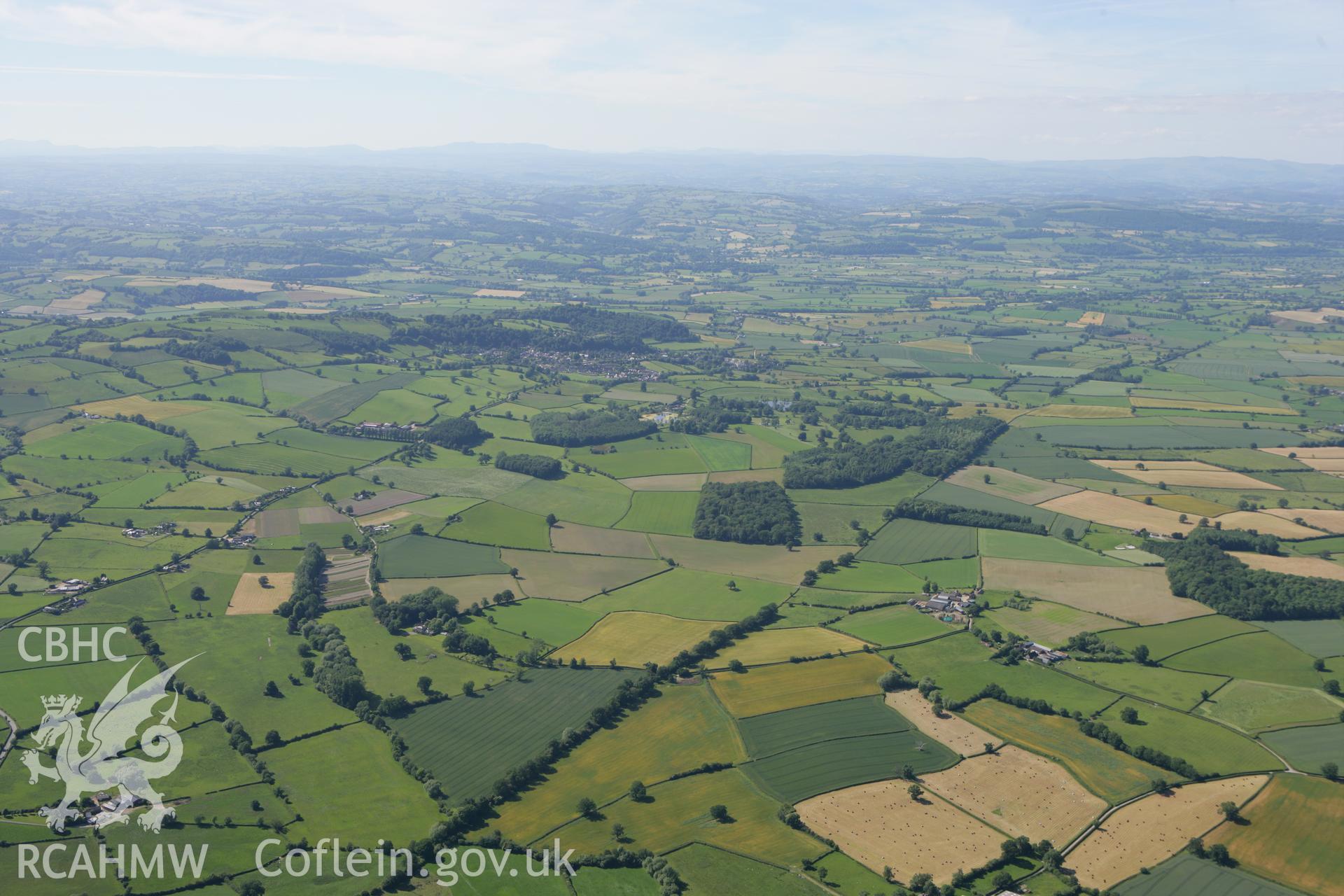 RCAHMW colour oblique photograph of Offa's Dyke, section from Dudston Covert, Lymore to Lack Brook, Church Stoke. Taken by Toby Driver on 21/06/2010.