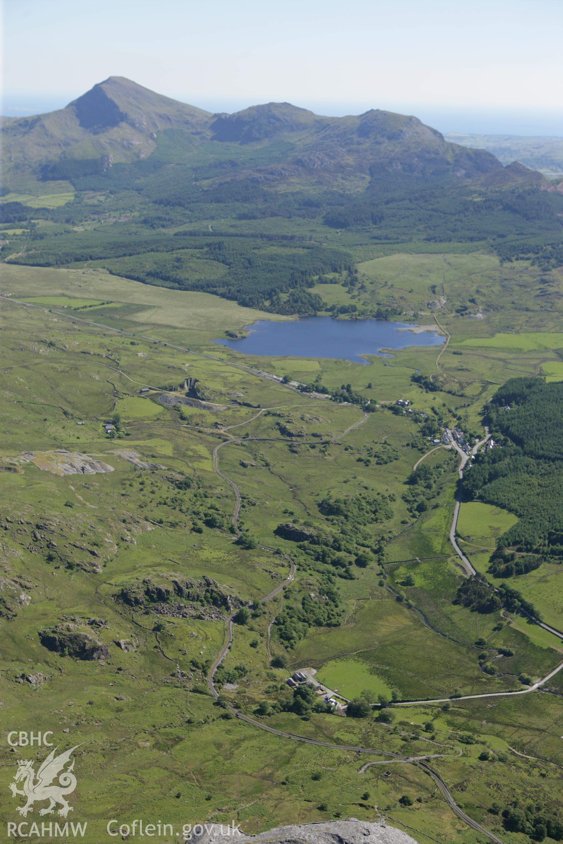 RCAHMW colour oblique photograph of Rhos Clogwyn Slate Quarry, looking north across Llyn-y-Gader. Taken by Toby Driver on 16/06/2010.