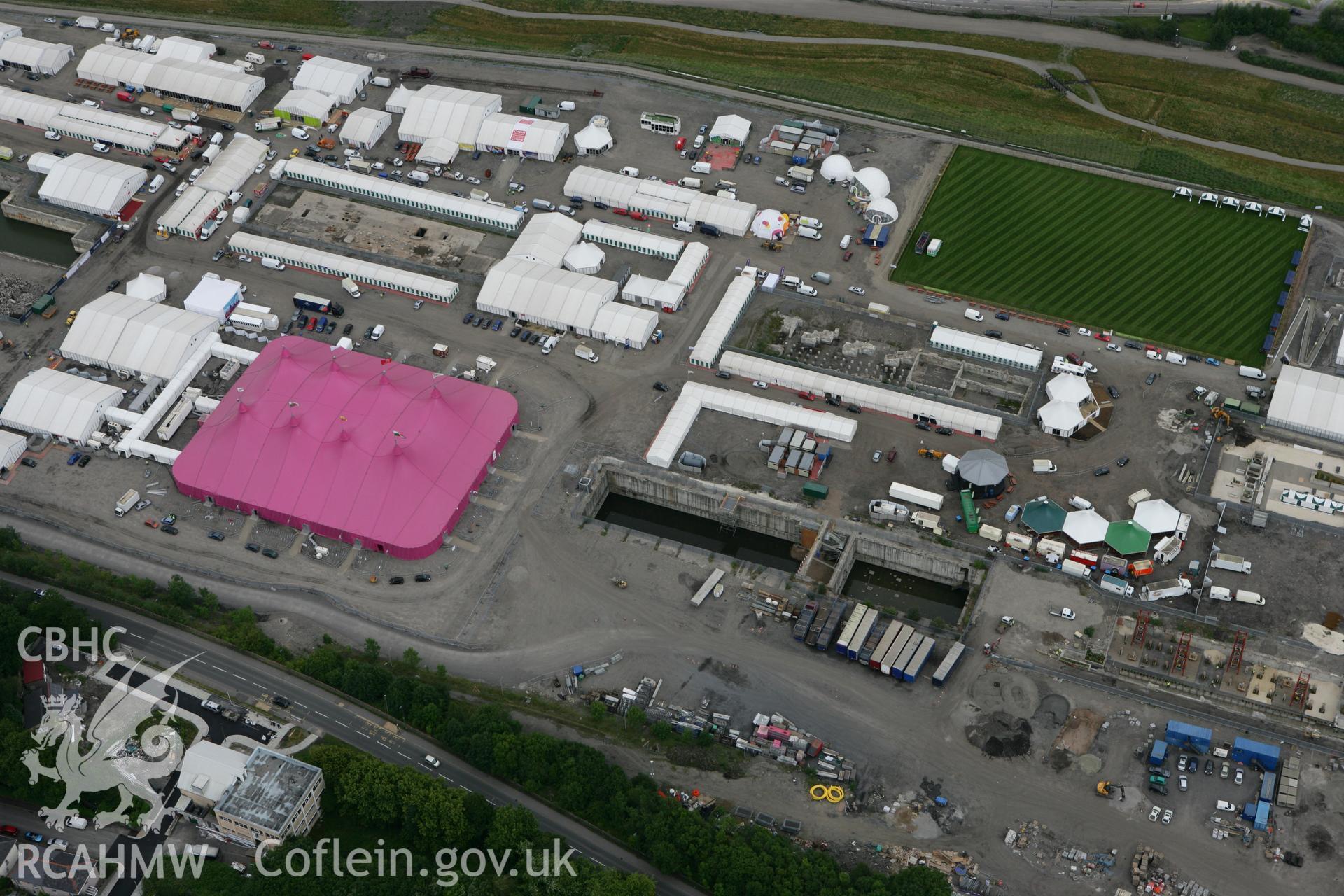 RCAHMW colour oblique photograph of National Eisteddfod of Wales 2010, on the site of the Ebbw Vale Steelworks. Taken by Toby Driver on 29/07/2010.