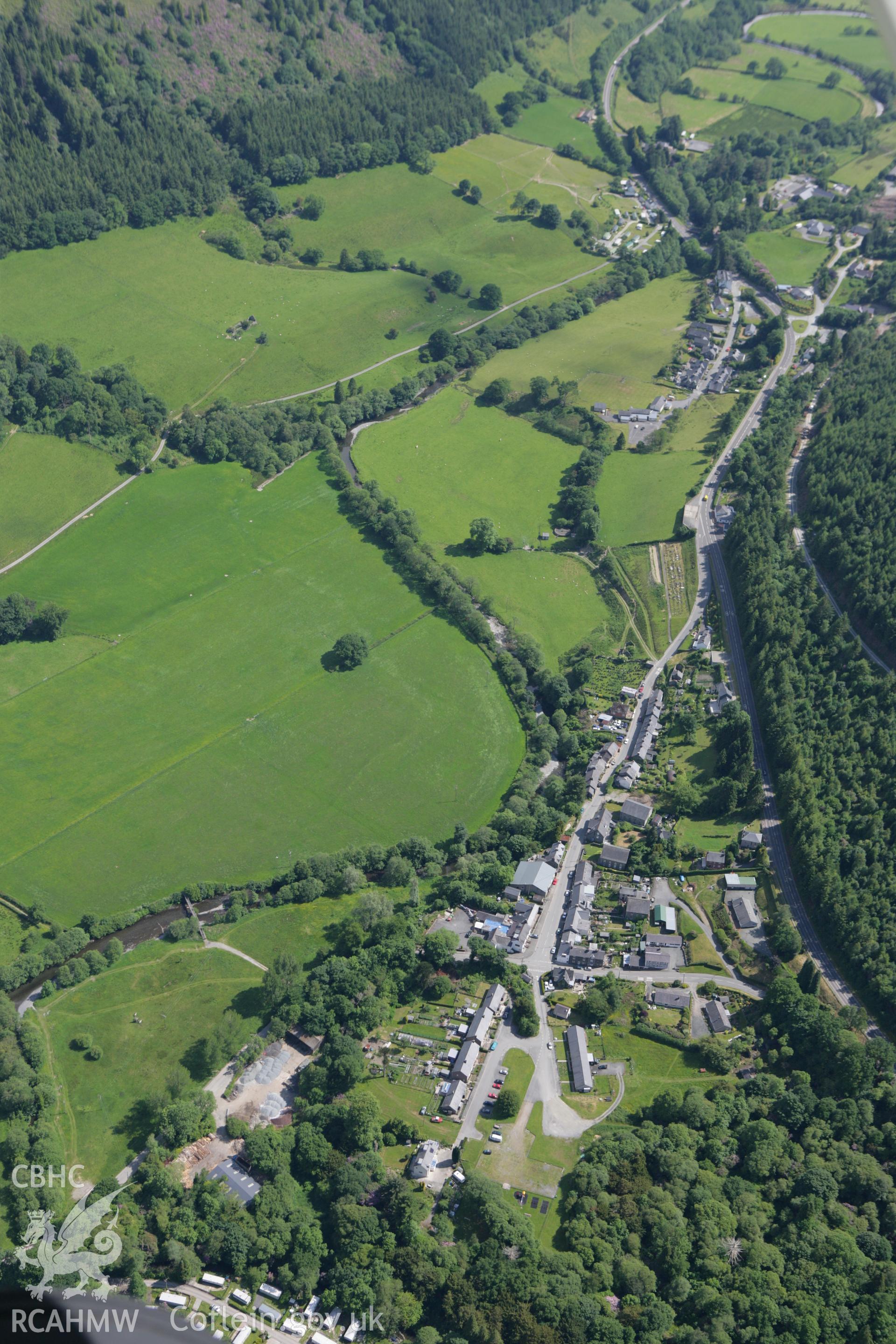 RCAHMW colour oblique photograph of Dinas Mawddwy, looking south. Taken by Toby Driver on 16/06/2010.