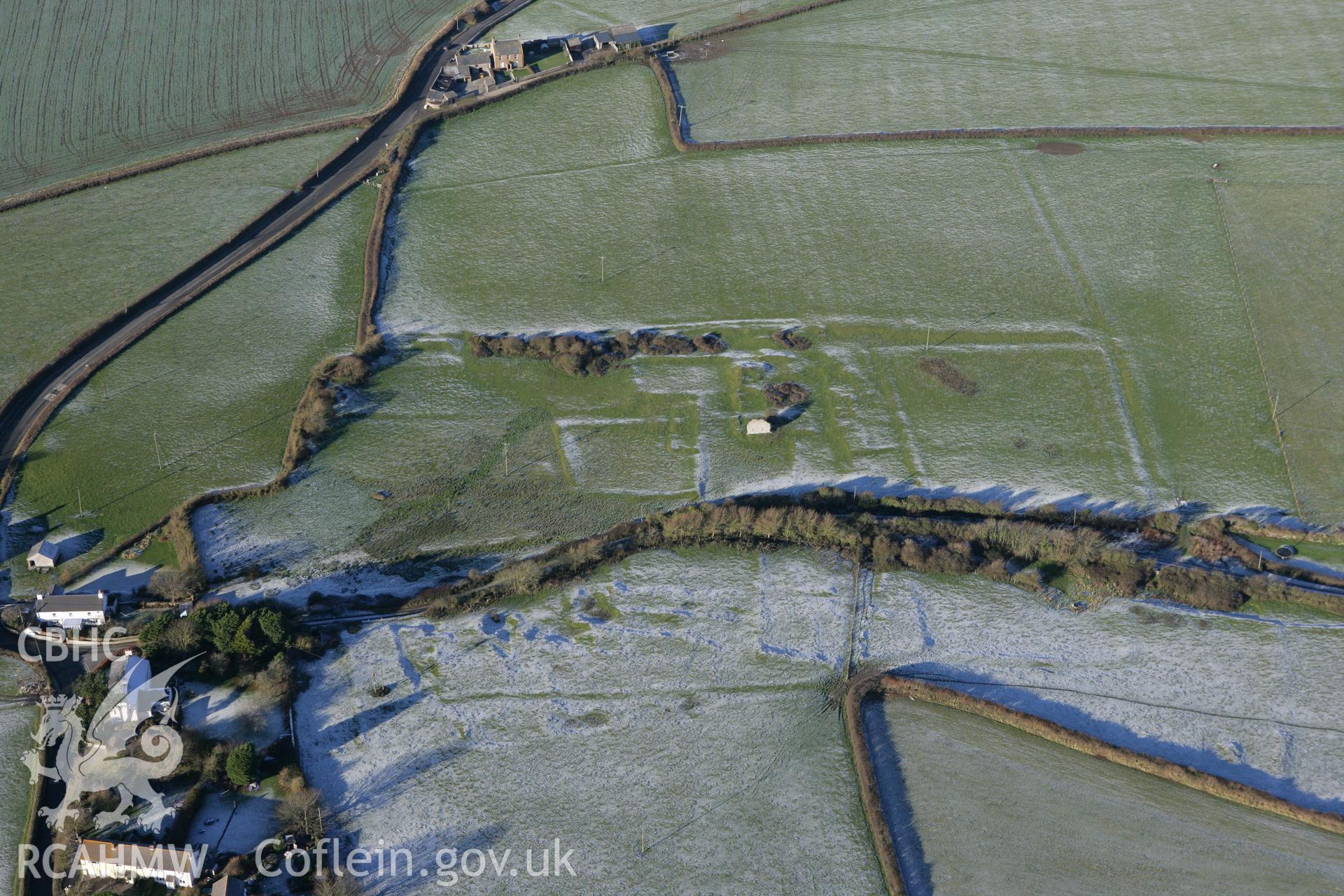 RCAHMW colour oblique photograph of Marcross, grange earthworks, with frost. Taken by Toby Driver on 08/12/2010.