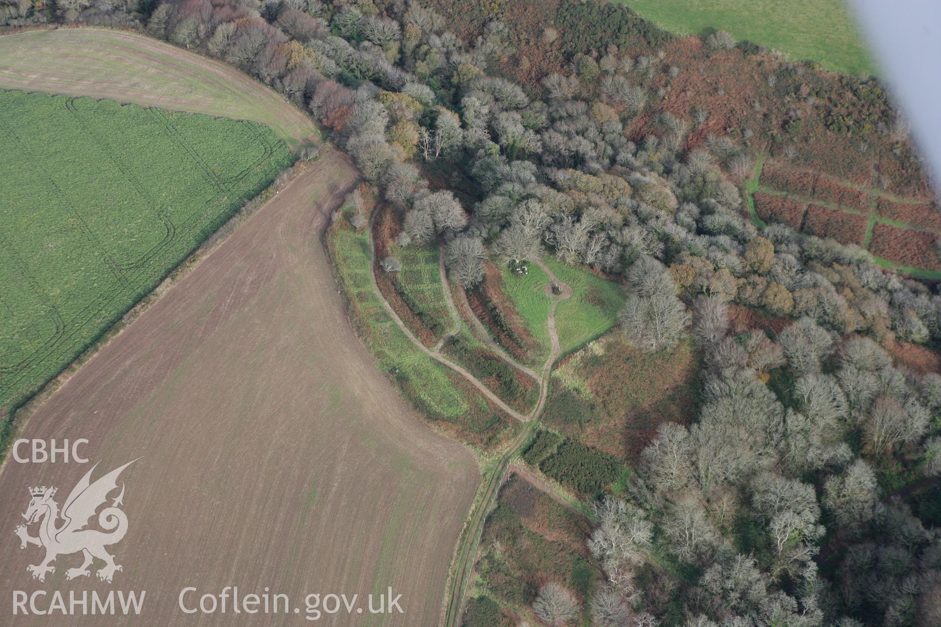 RCAHMW colour oblique photograph of Brawdy Castle. Taken by Toby Driver on 16/11/2010.