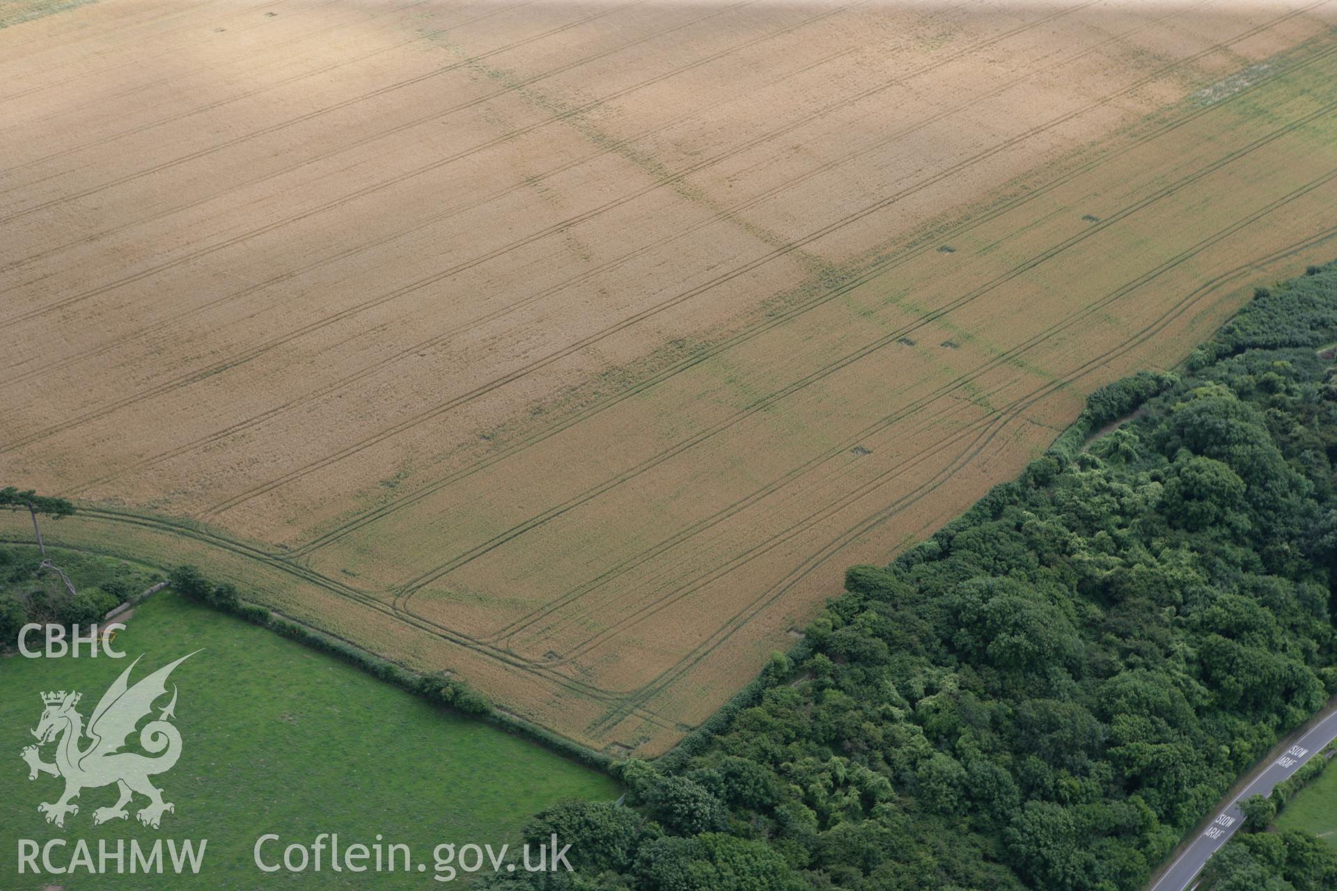 RCAHMW colour oblique photograph of non-archaeological cropmarks in field, east of Castle Ditch Camp. Taken by Toby Driver on 29/07/2010.