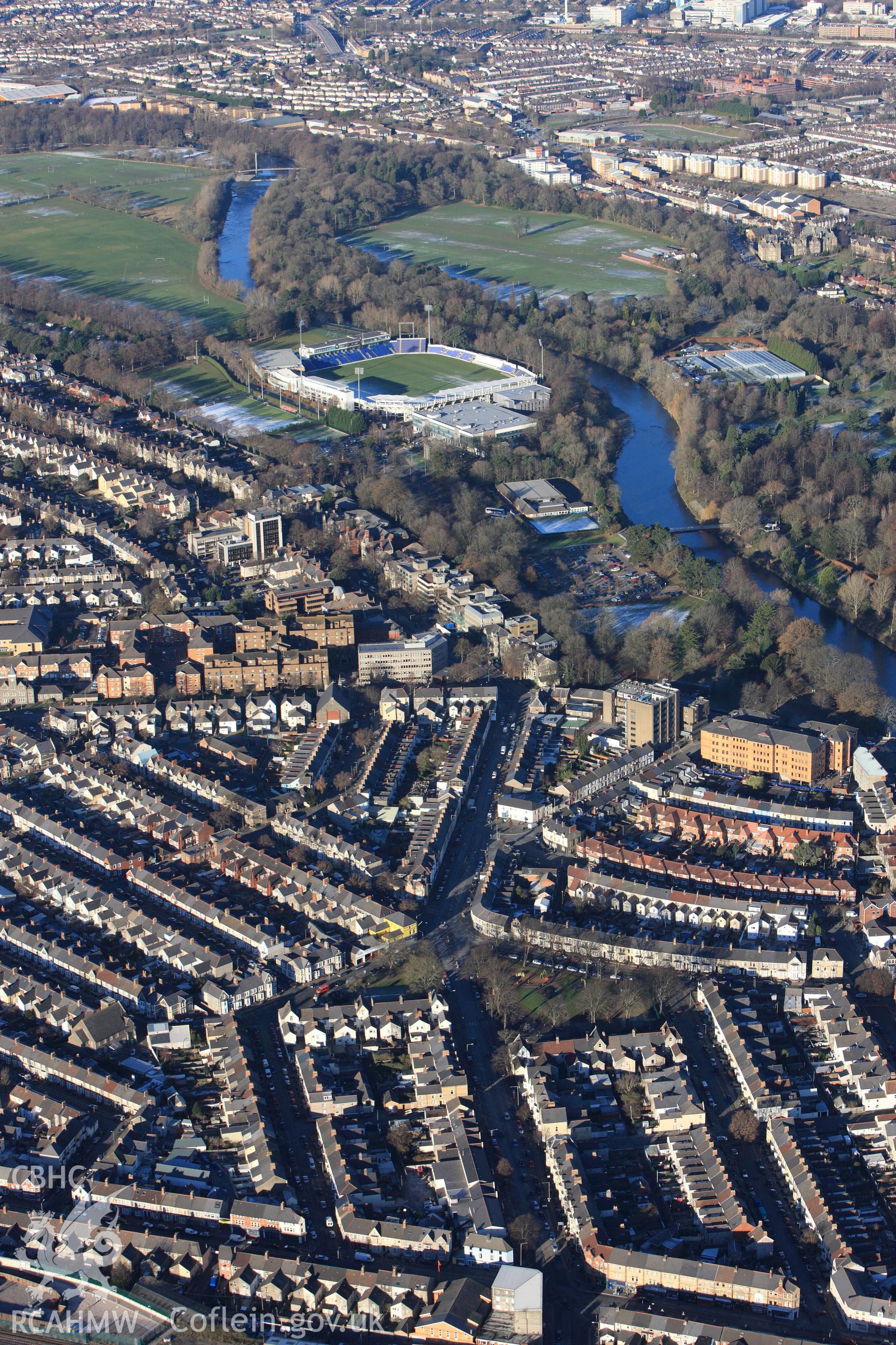 RCAHMW colour oblique photograph of Riverside, Cardiff showing Sophia Gardens cricket ground. Taken by Toby Driver on 08/12/2010.