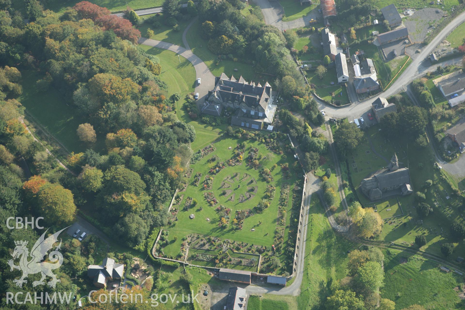 RCAHMW colour oblique photograph of Abbey Cwmhir Hall and Gardens. Taken by Toby Driver on 13/10/2010.