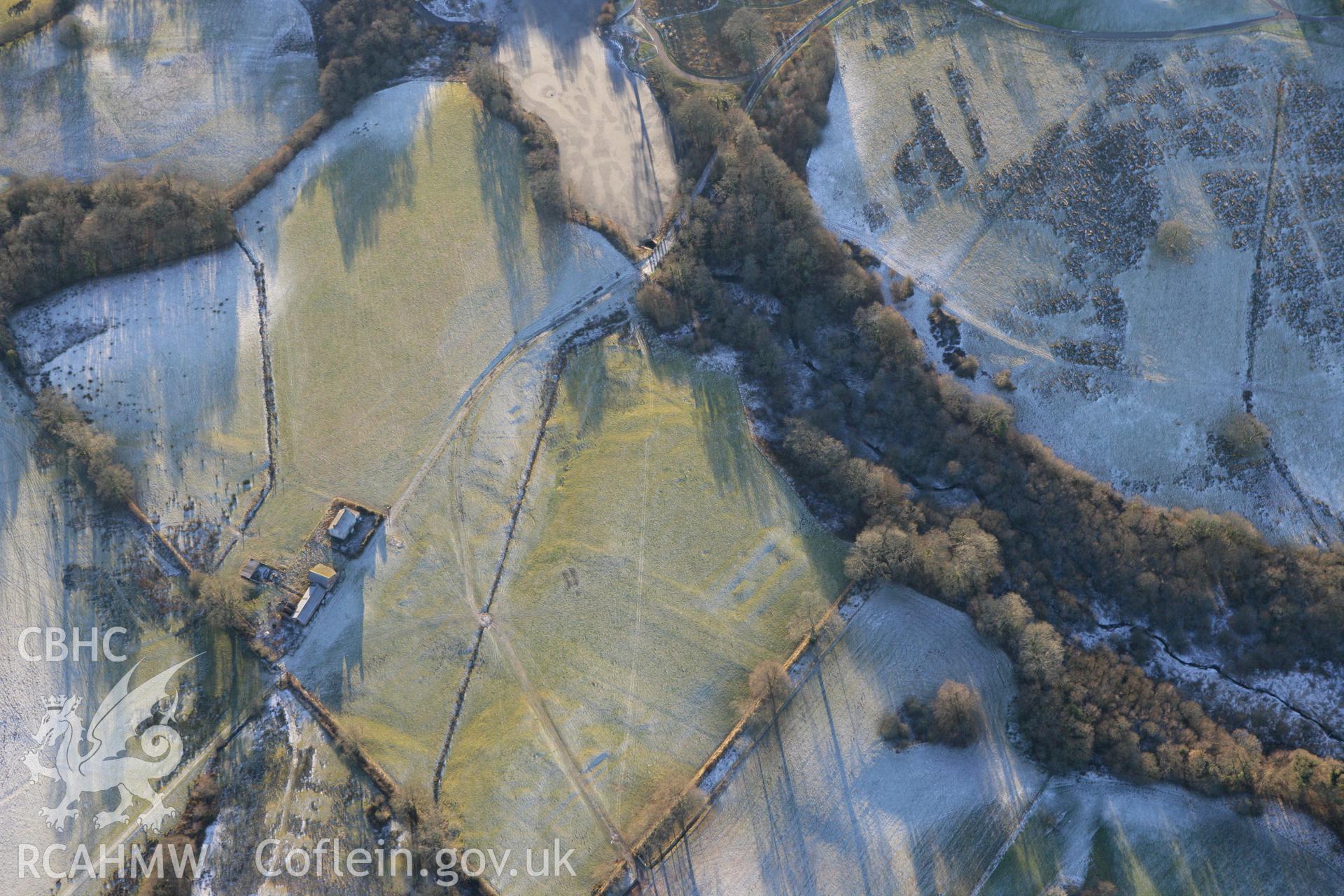 RCAHMW colour oblique photograph of Middleton Hall, showing earthworks at the site of the first mansion. Taken by Toby Driver on 08/12/2010.