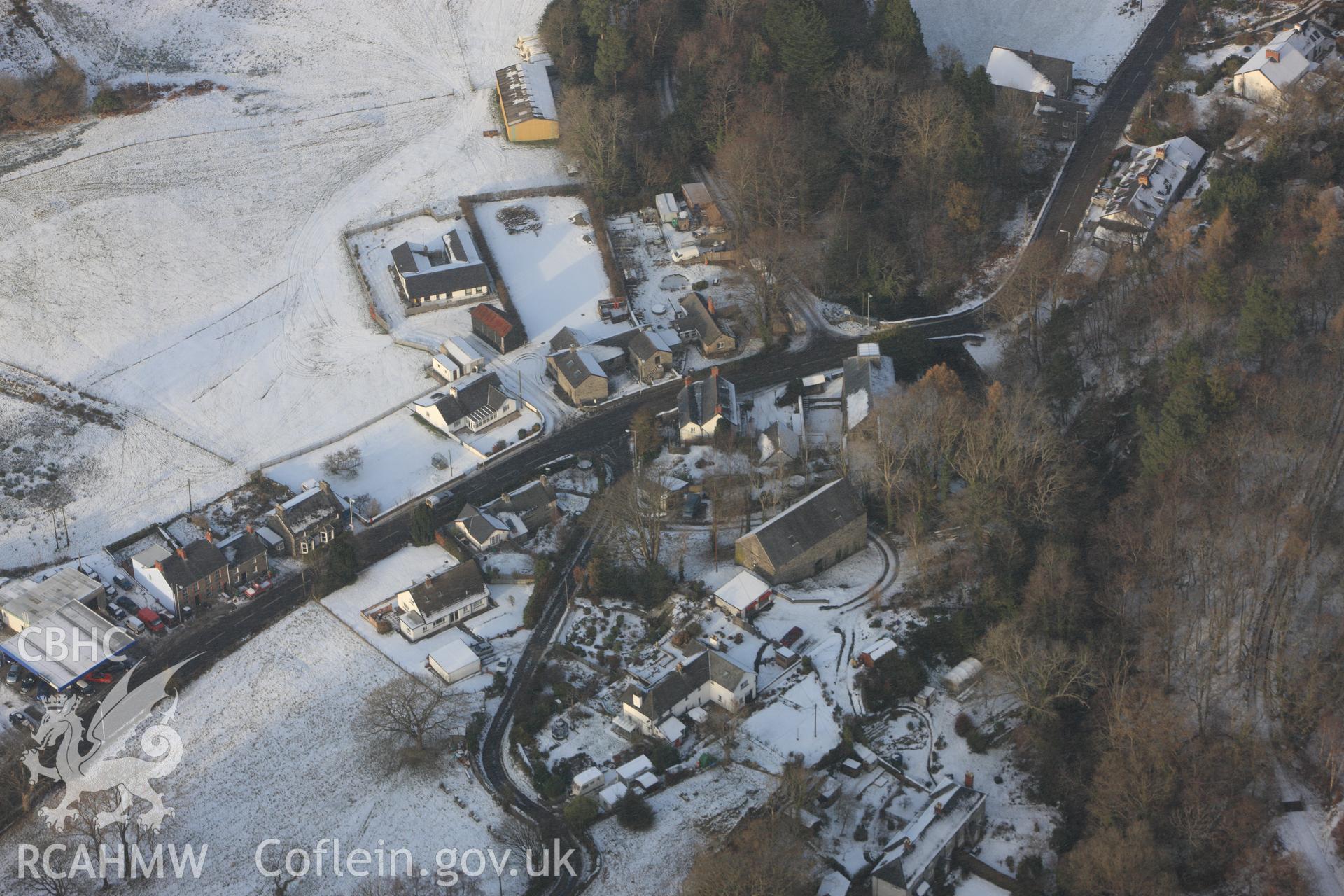 RCAHMW colour oblique photograph of Furnace village, showing Dyfi Furnace and charcoal store. Taken by Toby Driver on 02/12/2010.