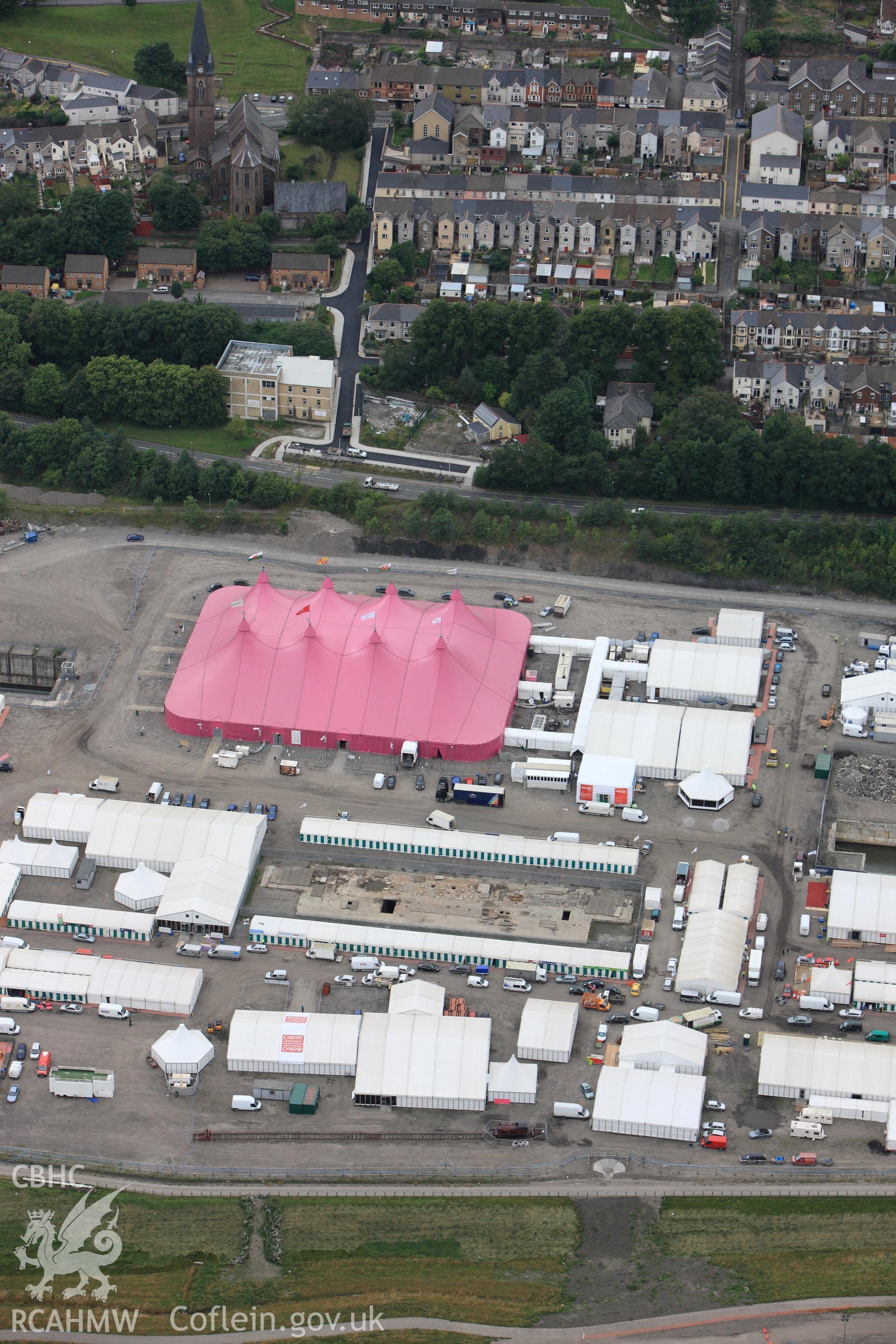 RCAHMW colour oblique photograph of National Eisteddfod of Wales 2010, on the site of the Ebbw Vale Steelworks. Taken by Toby Driver on 29/07/2010.