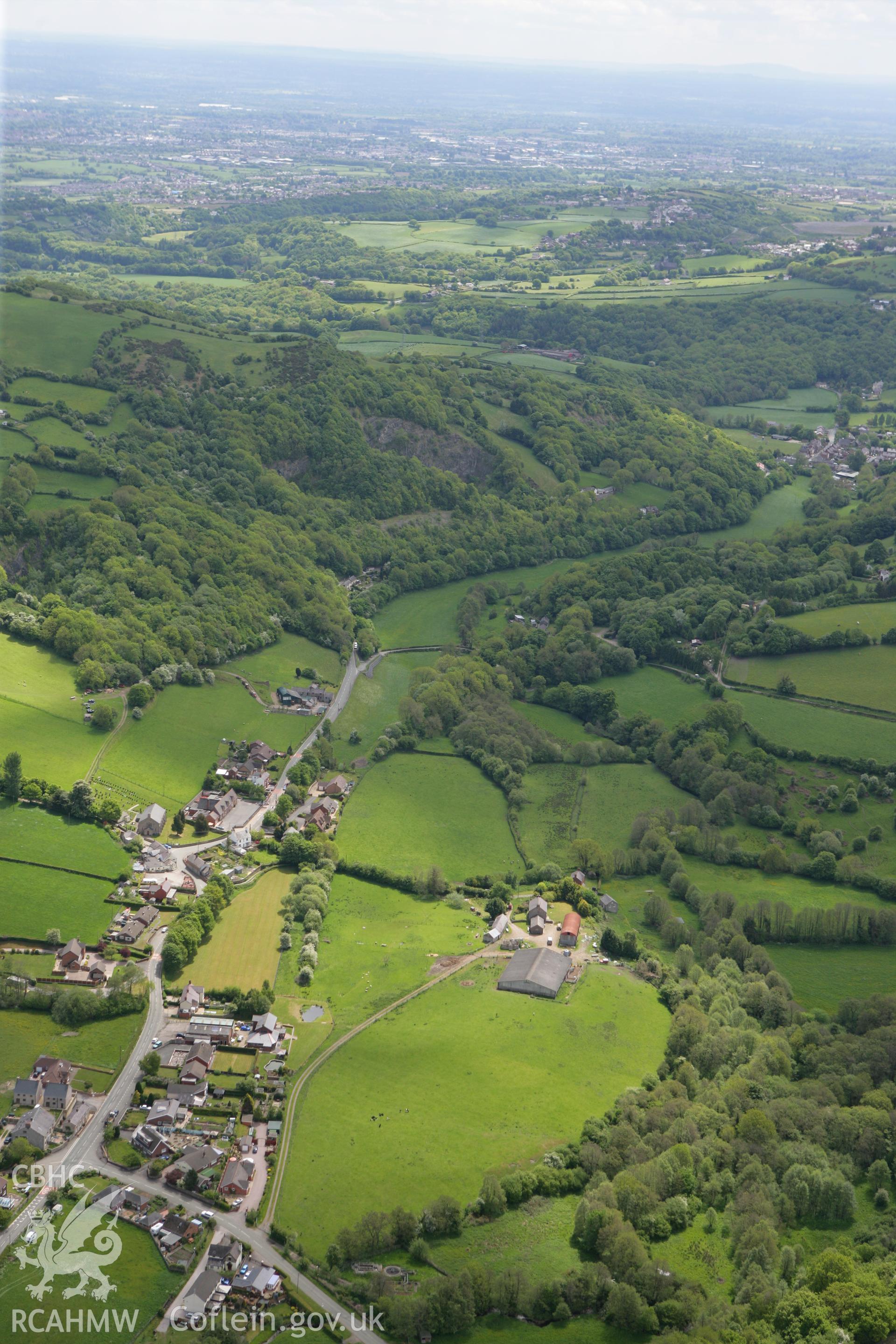 RCAHMW colour oblique photograph of Offa's Dyke section extending 117 metres NW of church at Llanfynydd. Taken by Toby Driver on 27/05/2010.