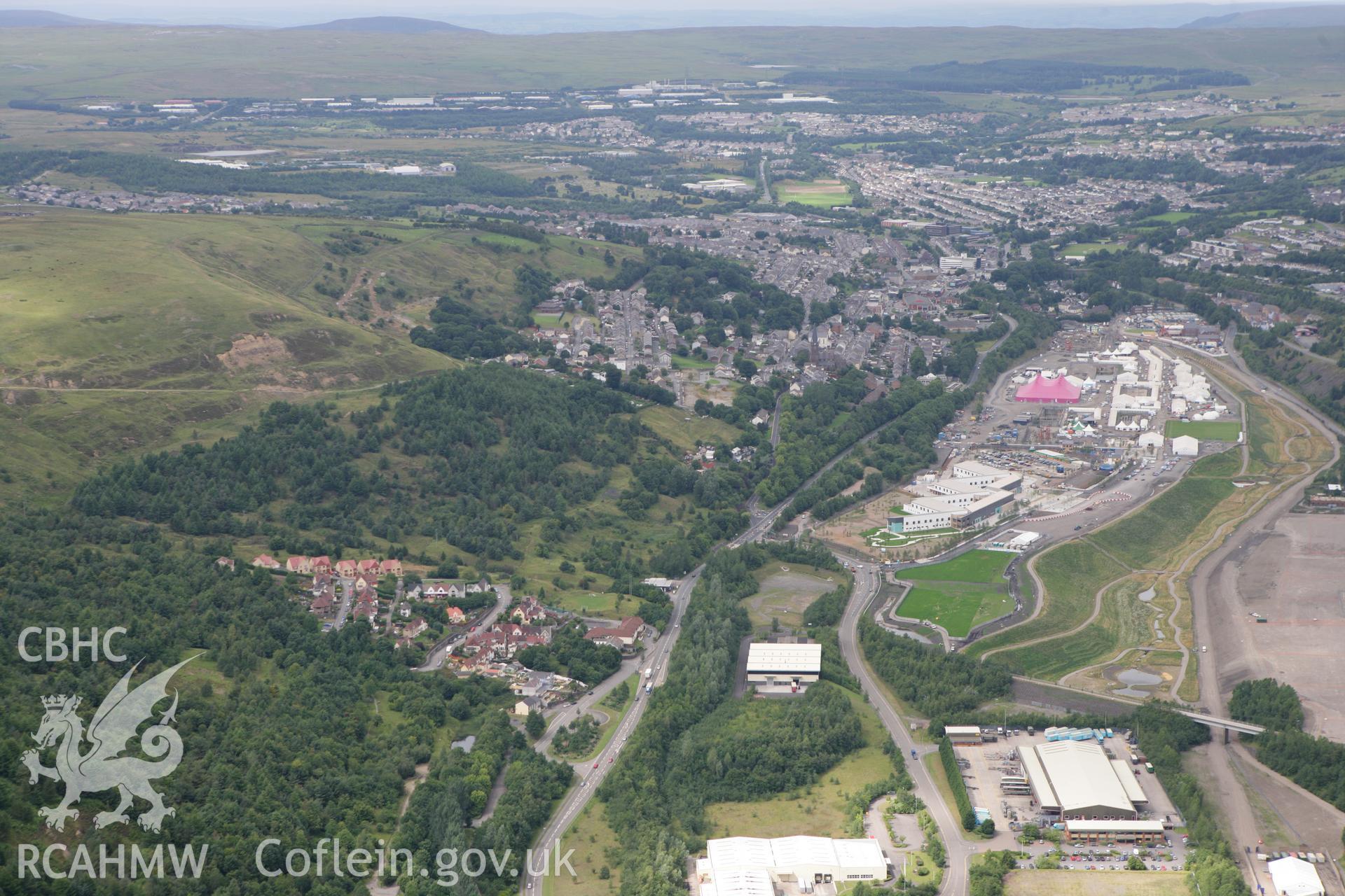 RCAHMW colour oblique photograph of National Eisteddfod of Wales 2010, on the site of the Ebbw Vale Steelworks. Taken by Toby Driver on 29/07/2010.