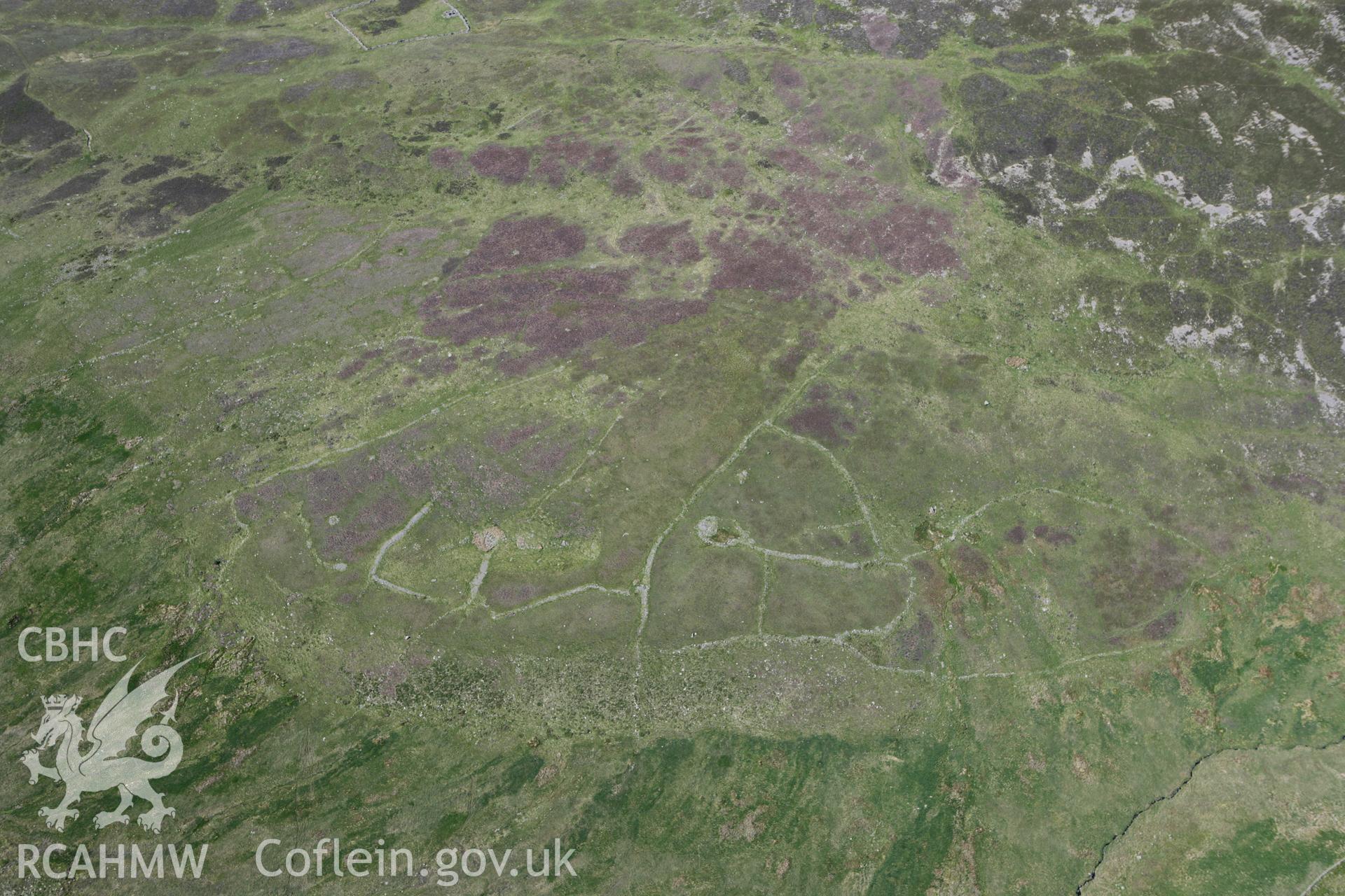 RCAHMW colour oblique photograph of Gelli Ffrydiau Hut Circle and Field Systems. Taken by Toby Driver on 16/06/2010.