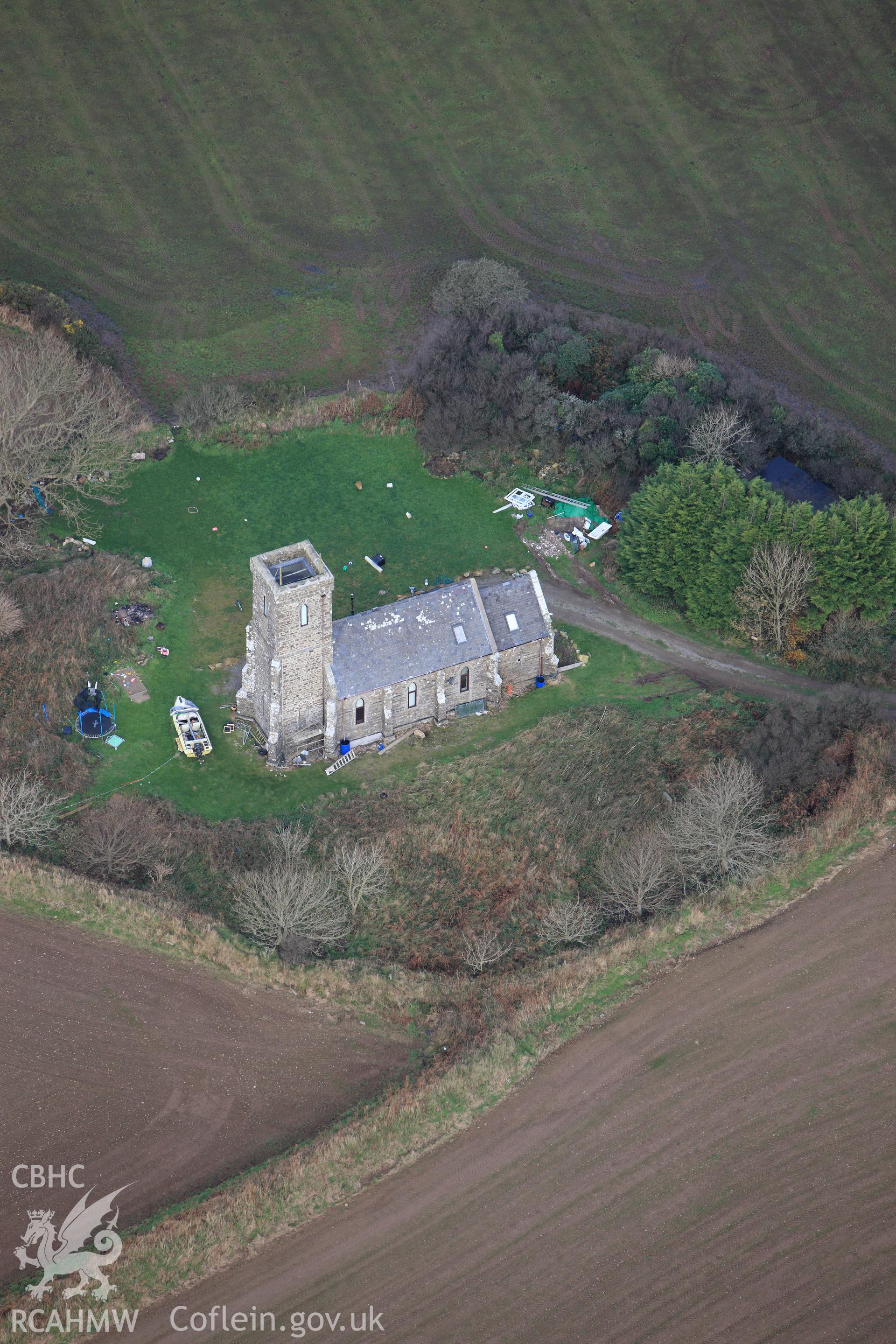 RCAHMW colour oblique photograph of St Edren's Church, Llanedren. Taken by Toby Driver on 16/11/2010.