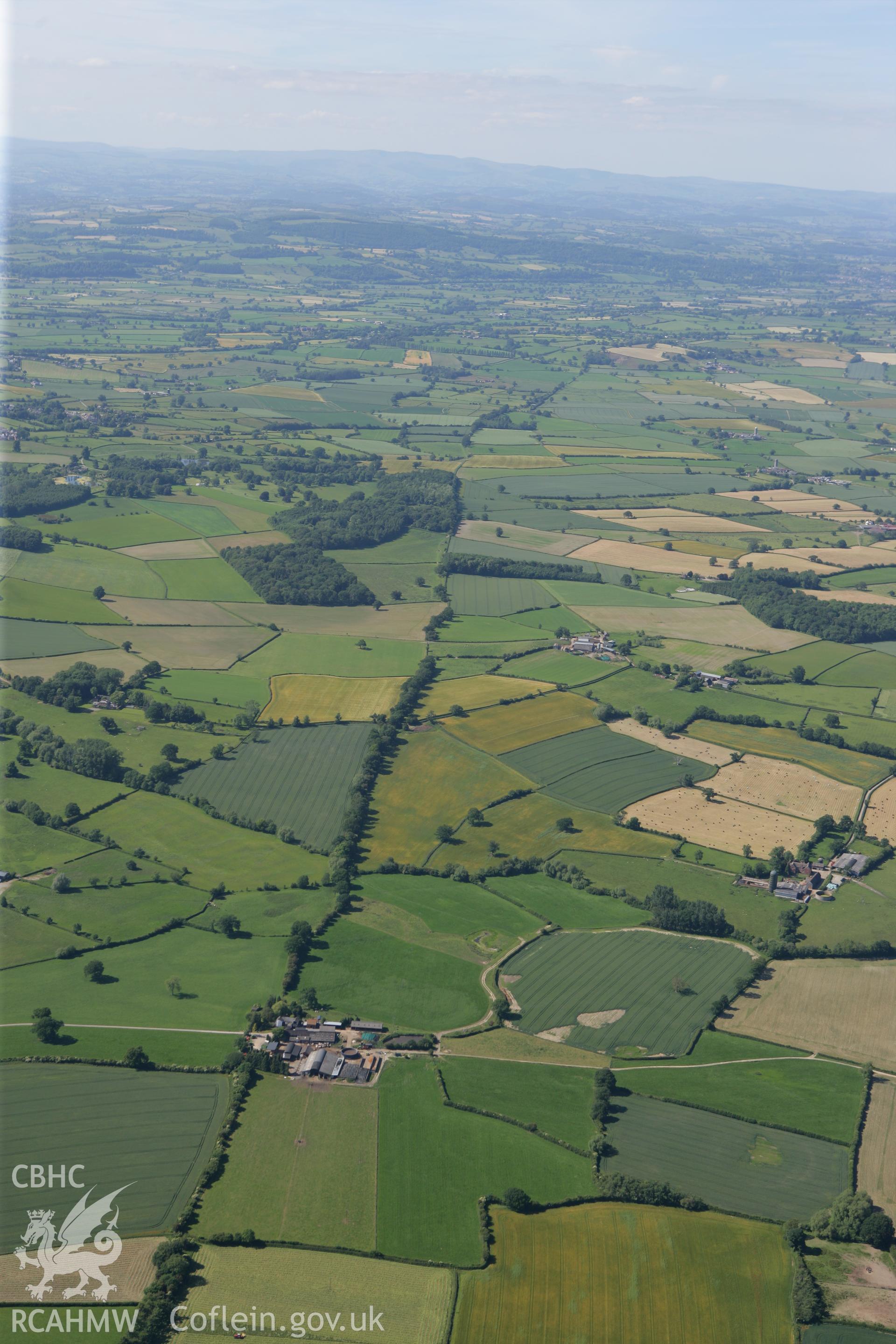 RCAHMW colour oblique photograph of Offa's Dyke, section from Dudston Covert, Lymore to Lack Brook, Church Stoke. Taken by Toby Driver on 21/06/2010.