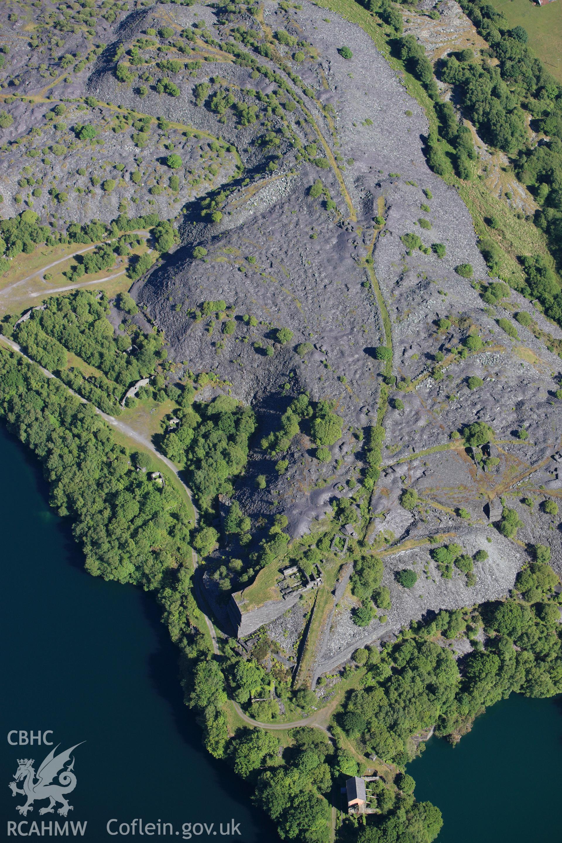 RCAHMW colour oblique photograph of Dorothea Quarry, Incline, Weighbridge and Engine House. Taken by Toby Driver on 16/06/2010.