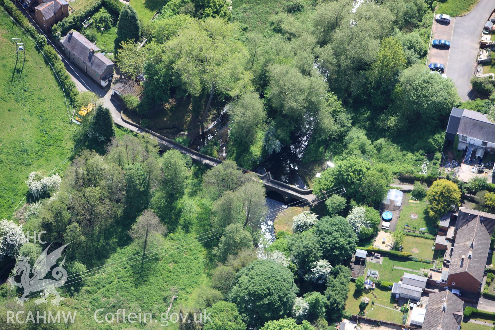 RCAHMW colour oblique photograph of Caergwrle Packhorse Bridge. Taken by Toby Driver on 27/05/2010.