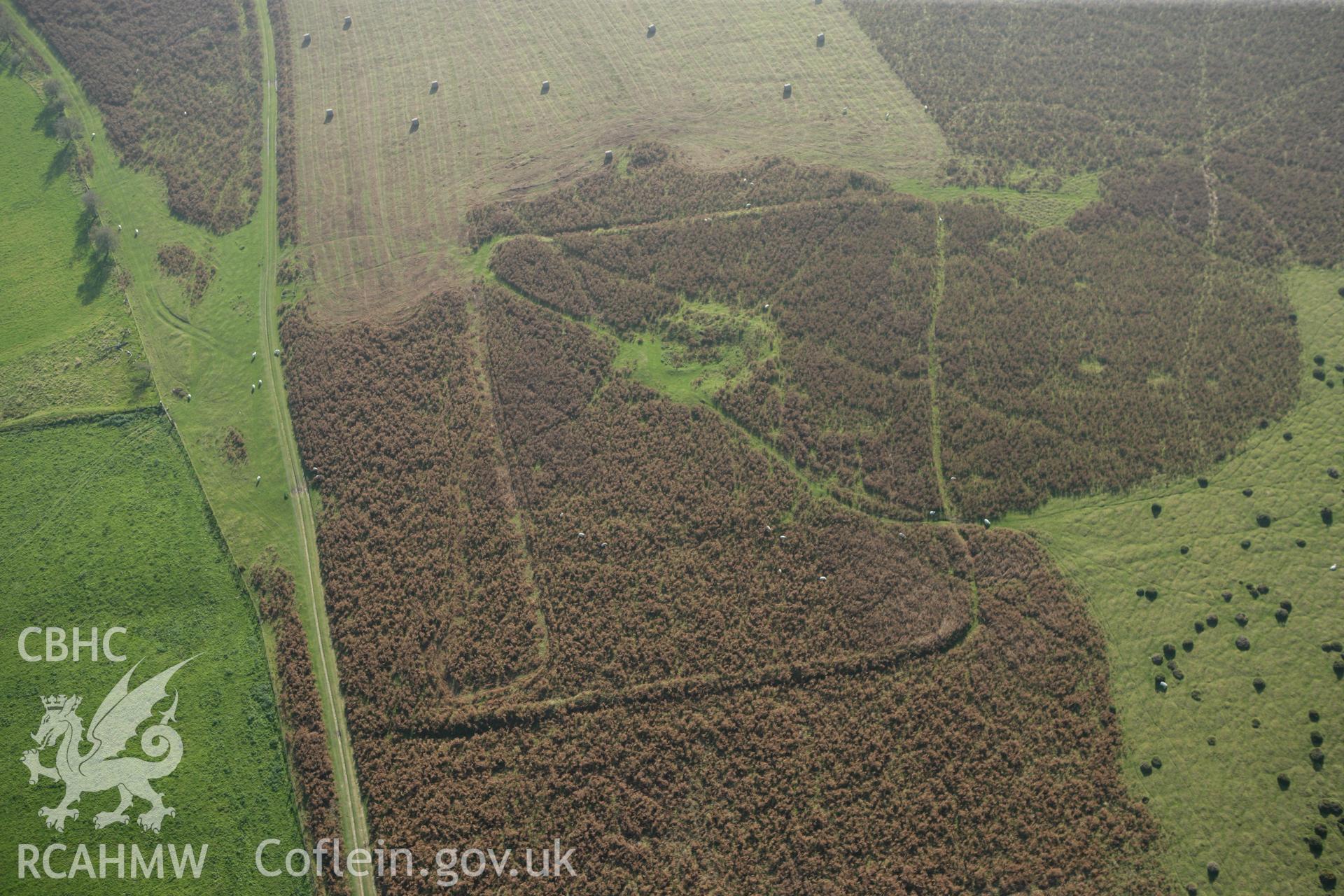 RCAHMW colour oblique photograph of Cwmblaenerw Enclosed Long Hut. Taken by Toby Driver on 13/10/2010.