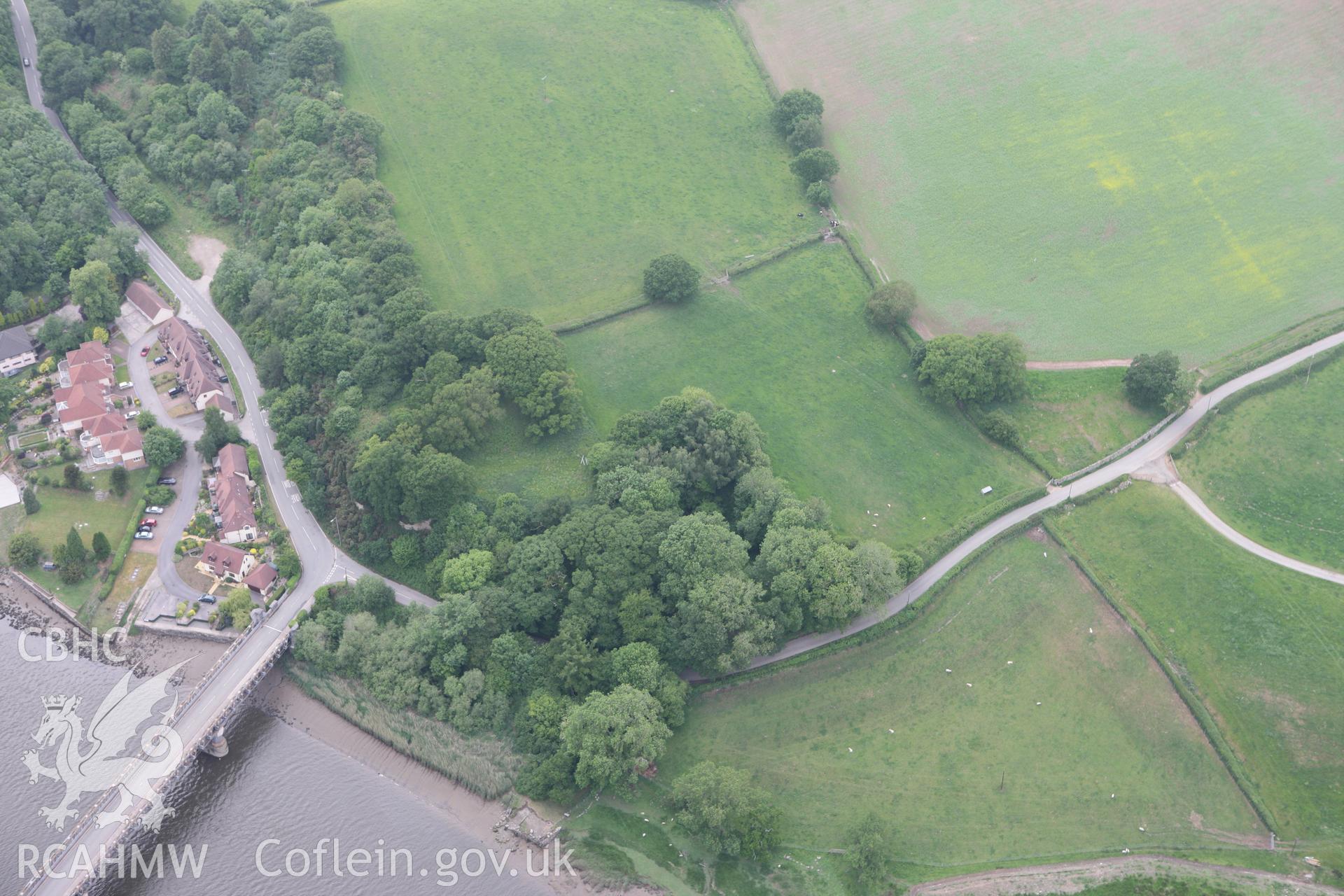 RCAHMW colour oblique photograph of Bryn Castell motte (wooded),. Taken by Toby Driver on 10/06/2010.