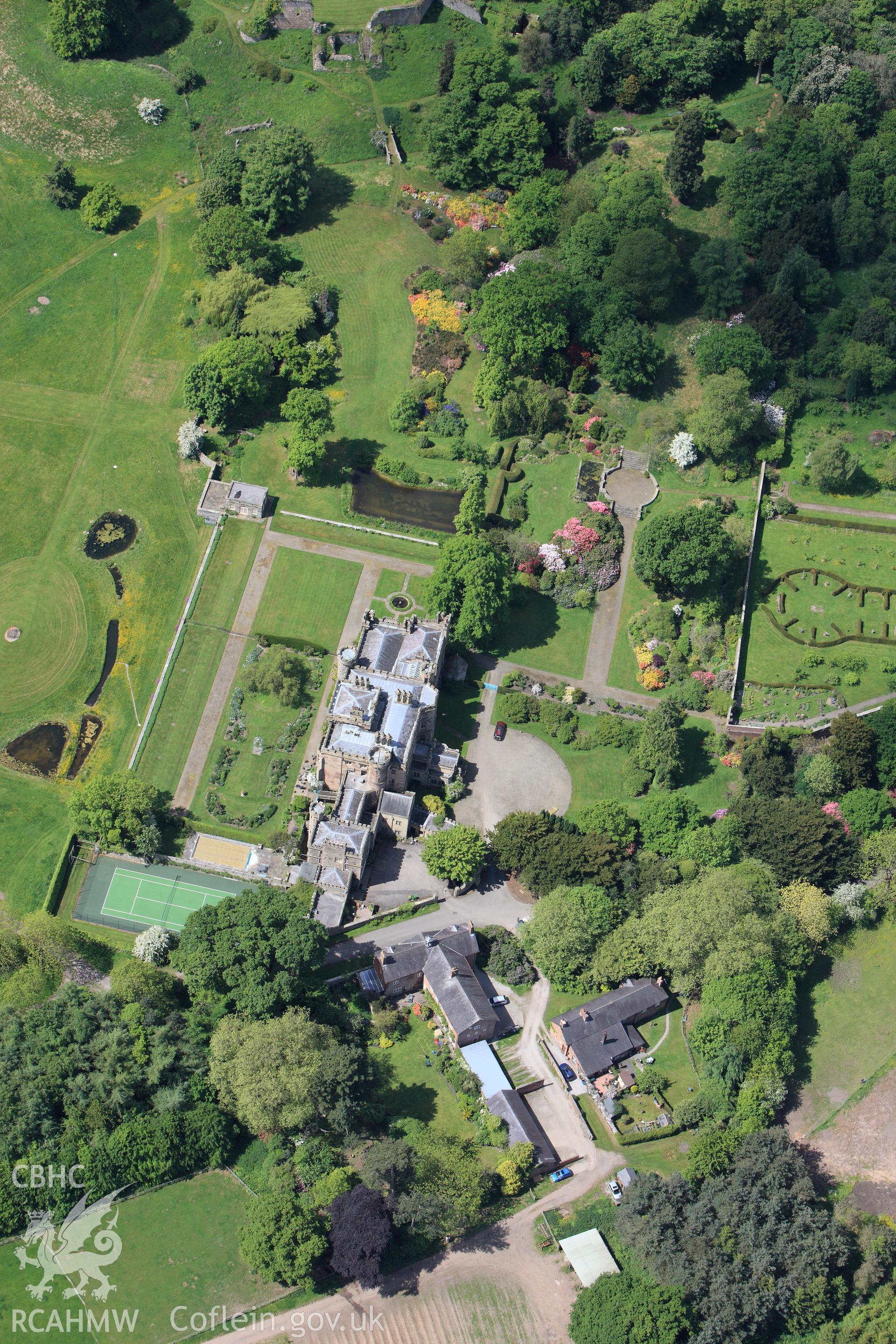 RCAHMW colour oblique photograph of Hawarden Castle estate and gardens. Taken by Toby Driver on 27/05/2010.