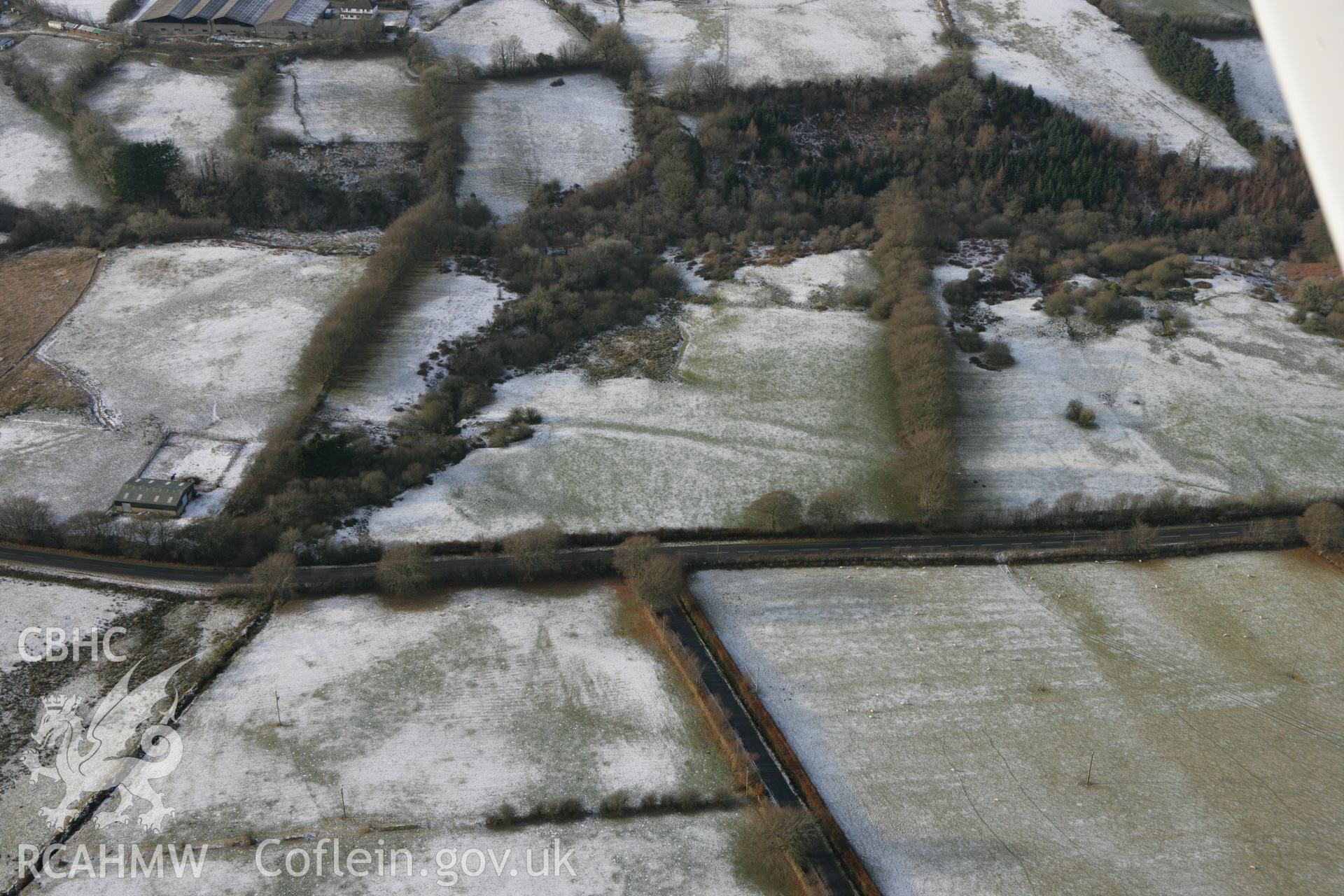 RCAHMW colour oblique photograph of Blaenbargod, showing terrraced trackway east of Blaenbargod farm. Taken by Toby Driver on 02/12/2010.