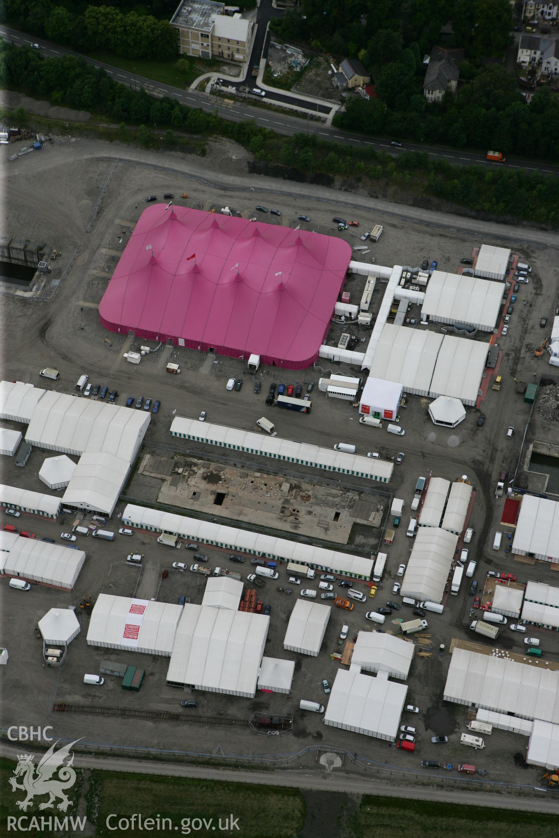 RCAHMW colour oblique photograph of National Eisteddfod of Wales 2010, on the site of the Ebbw Vale Steelworks. Taken by Toby Driver on 29/07/2010.