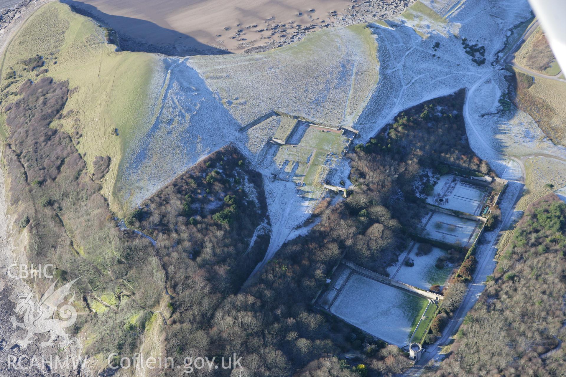 RCAHMW colour oblique photograph of Dunraven Hillfort, and south Glamorgan coast. Taken by Toby Driver on 08/12/2010.