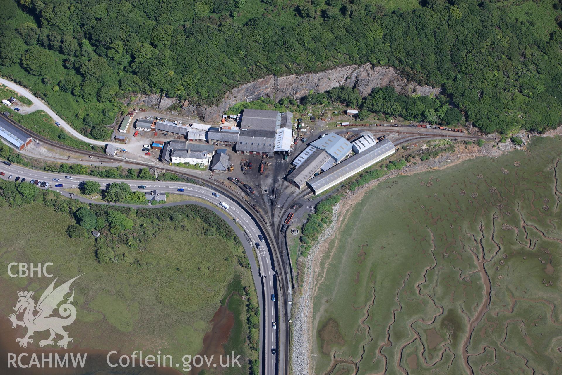 RCAHMW colour oblique photograph of Boston Lodge railway works, Ffestiniog railway. Taken by Toby Driver on 16/06/2010.