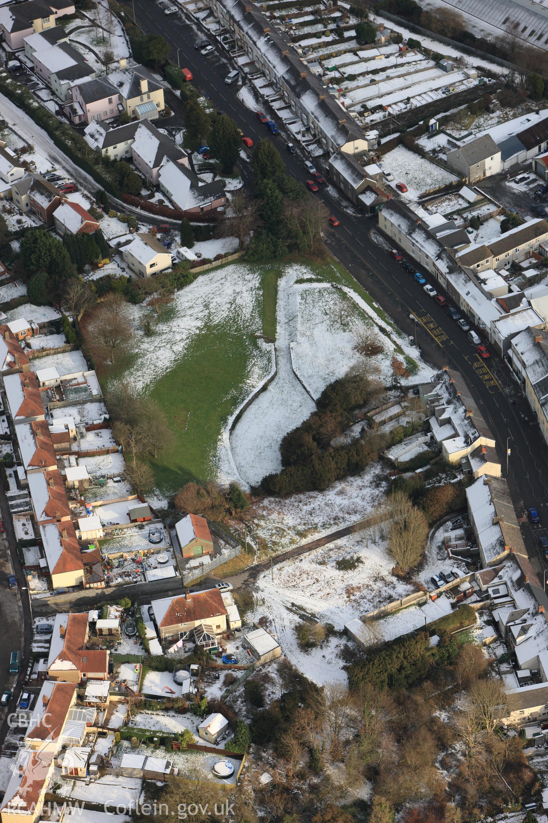 RCAHMW colour oblique photograph of Carmarthen Roman ampitheatre, under snow. Taken by Toby Driver on 01/12/2010.