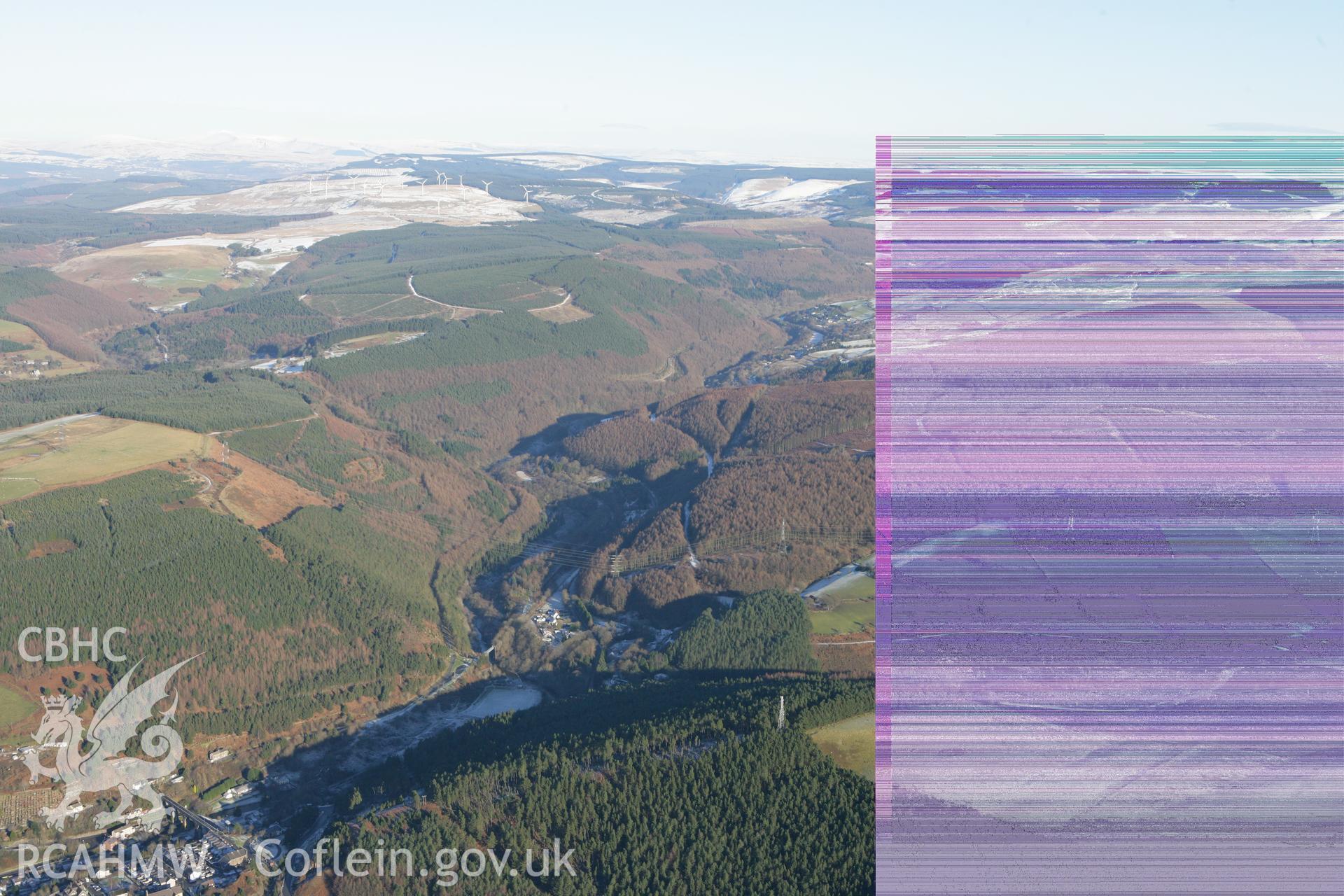 RCAHMW colour oblique photograph of Cwm Afan, landscape looking north-east, showing the Pont Rhyd-y-fen Ironworks Tramroad Viaduct. Taken by Toby Driver on 08/12/2010.