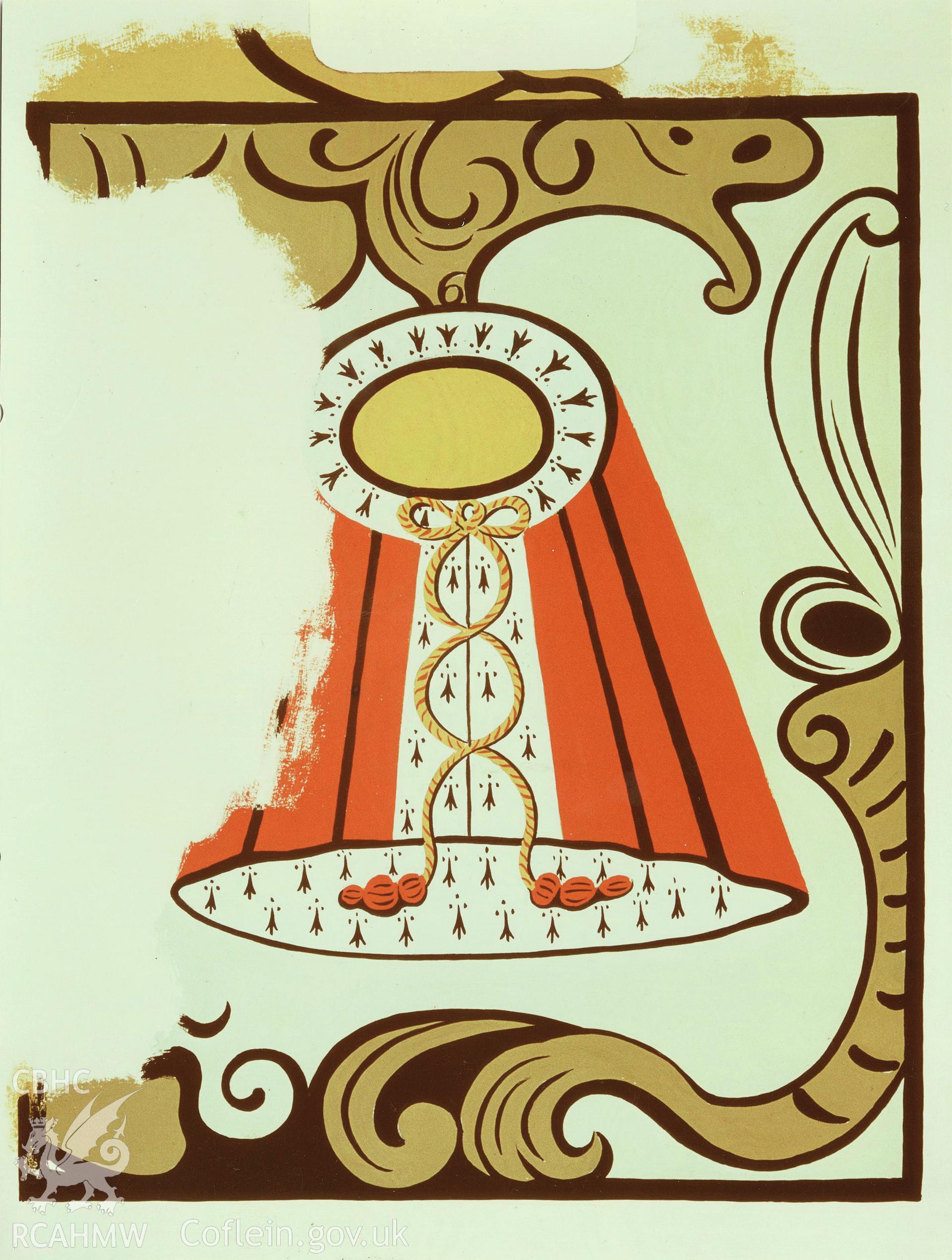 Record drawing of C17th wallpainting of the mantle of state from the borough seal at Brecon Cathedral. Original RCAHMW drawing by Dylan Roberts reproduced in RCAHMW, The Cathedral Church of St John the Evangelist, Brecon (1994), fig. 19.  Scan of project photographic print by Y Lolfa 2020. As published in the RCAHMW volume, 'Temlau Peintiedig: Murluniau a Chroglenni yn Eglwysi Cymru, 1200–1800 / Painted Temples: Wallpaintings and Rood-screens in Welsh Churches, 1200–1800.' Figure 2.31, page 84.
