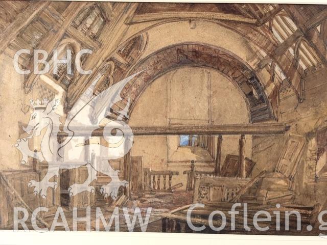 Penmachno parish church: interior before rebuilding. Watercolour by Thomas Lound, 1853. From the Thomas Lloyd Collection (© Thomas Lloyd). Original scanned by NLW, 2021. As published in RCAHMW volume, 'Temlau Peintiedig: Murluniau a Chroglenni yn Eglwysi Cymru, 1200–1800 / Painted Temples: Wallpaintings and Rood-screens in Welsh Churches, 1200–1800.' Figure 3.29, page 111.