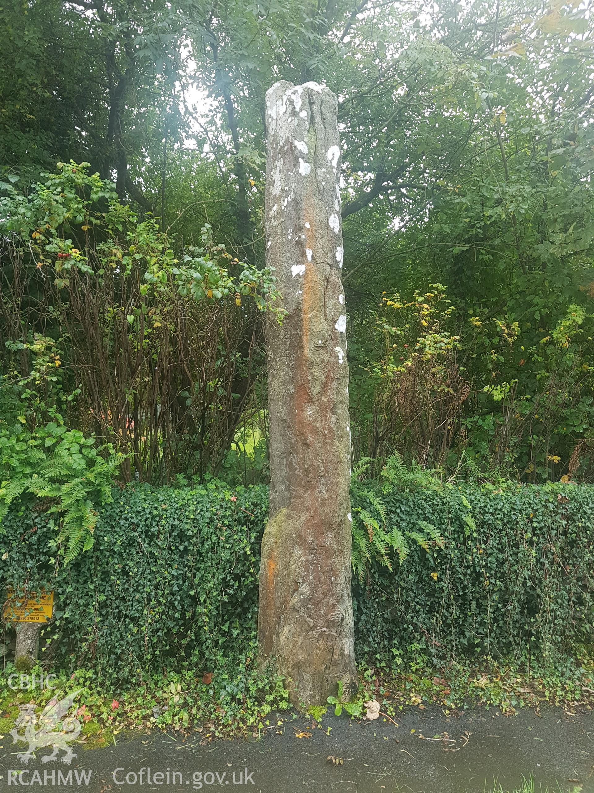 Detailed view of standing stone at Pentrefelin. Photographed by Helen Rowe of RCAHMW on 10th October 2020.