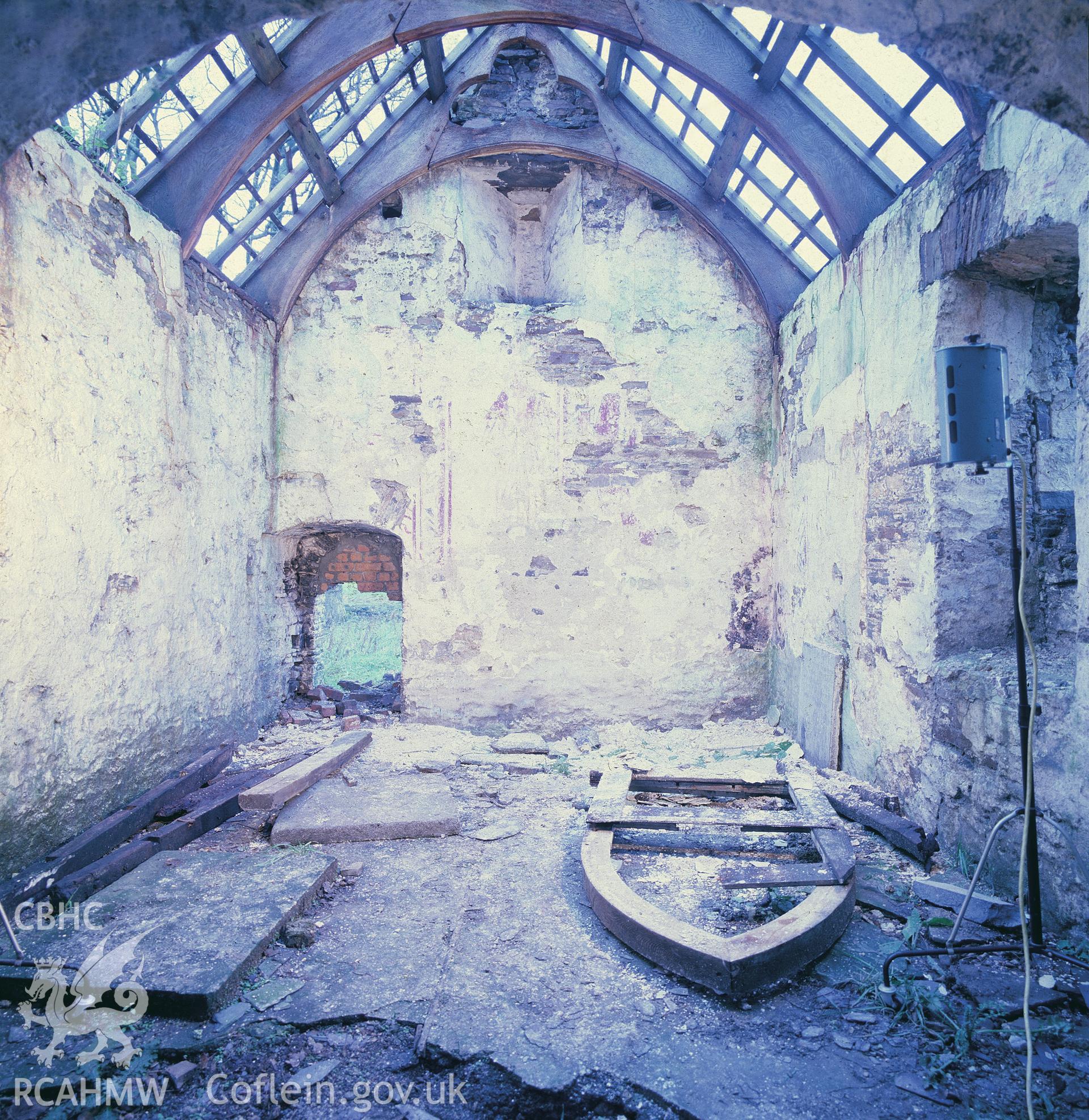 St Teilo’s Church, Llandeilo Tal-y-bont: Gronw Chapel. RCAHMW photograph. Scan of project print by Y Lolfa 2020, as published in the RCAHMW volume, 'Temlau Peintiedig: Murluniau a Chroglenni yn Eglwysi Cymru, 1200–1800 / Painted Temples: Wallpaintings and Rood-screens in Welsh Churches, 1200–1800'. Figure 5.10., page 188.