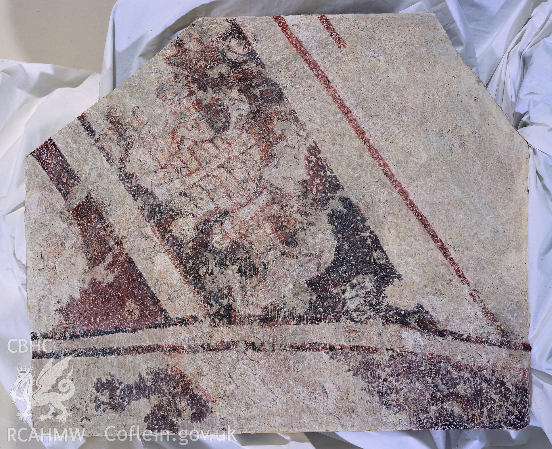 Border with renaissance motifs before conservation at St Teilo’s Church, Llandeilo Tal-y-bont. RCAHMW slide image supplied by A.J. Parkinson, 2020. As published in the RCAHMW volume, 'Temlau Peintiedig: Murluniau a Chroglenni yn Eglwysi Cymru, 1200–1800 / Painted Temples: Wallpaintings and Rood-screens in Welsh Churches, 1200–1800.' Figure 5.18a., page 195.