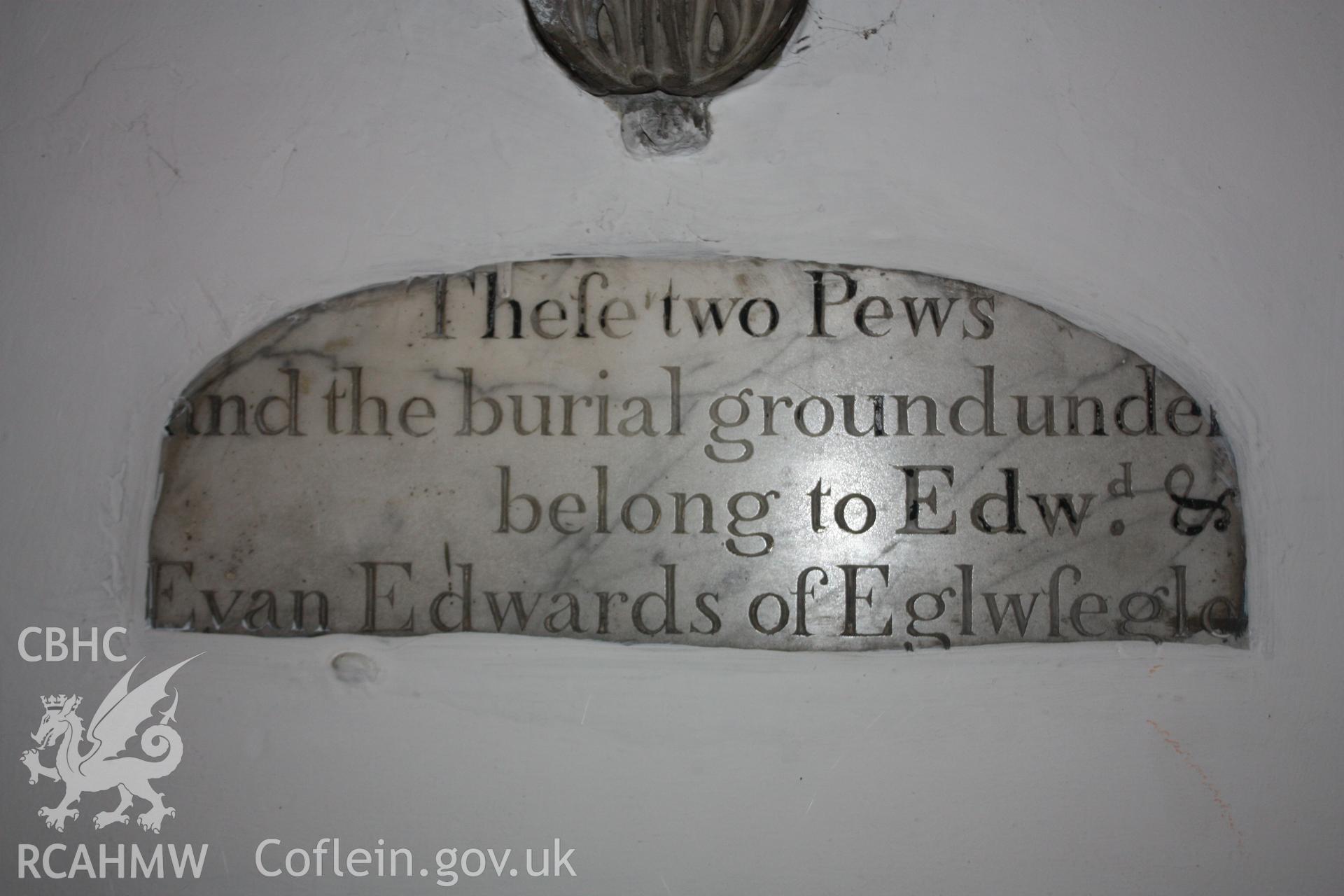 Eighteenth century cut and painted inscription at St Collen’s Church, Llangollen. RCAHMW investigator photograph by Richard Suggett, 10 Sept. 2020. As published in the RCAHMW volume, 'Temlau Peintiedig: Murluniau a Chroglenni yn Eglwysi Cymru, 1200–1800 / Painted Temples: Wallpaintings and Rood-screens in Welsh Churches, 1200–1800.' Figure 7.28., page 288.