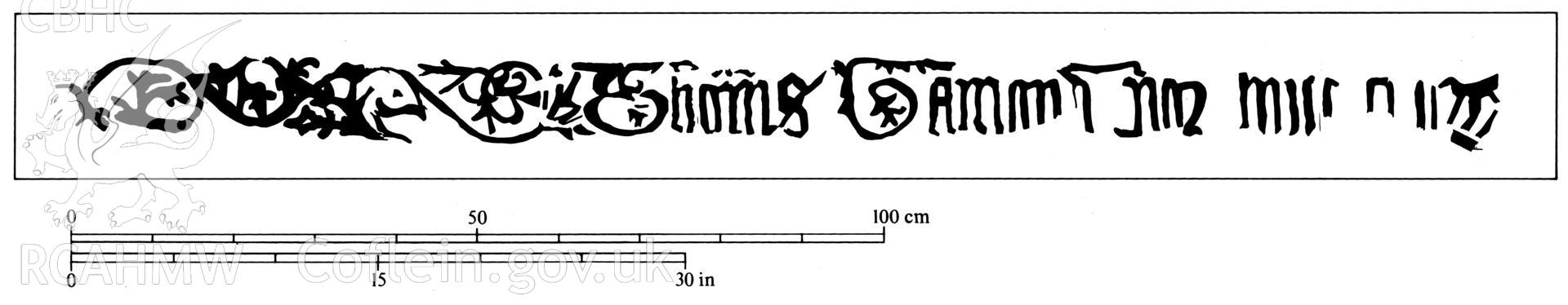 Painted inscription on the wallplate of the chancel roof at Brecon Cathedral. Original drawing not scanned. Scan by Y Lolfa of RCAHMW, The Cathedral Church of St John the Evangelist, Brecon (1994), fig. 25.
As published in RCAHMW volume, 'Temlau Peintiedig: Murluniau a Chroglenni yn Eglwysi Cymru, 1200–1800 / Painted Temples: Wallpaintings and Rood-screens in Welsh Churches, 1200–1800'. Figure 3.40b, page 122.