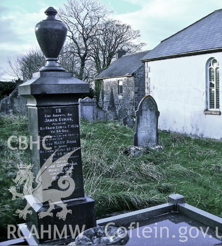 'Bwlchgwynt chapel, taken in 2008 before full renovation which started in 2011.The photo shows some of the Cemetery, the Chapel, the Vestry and across the road you can make out the two Bwlchgwynt Cottages.' Photograph by Keith Bowen