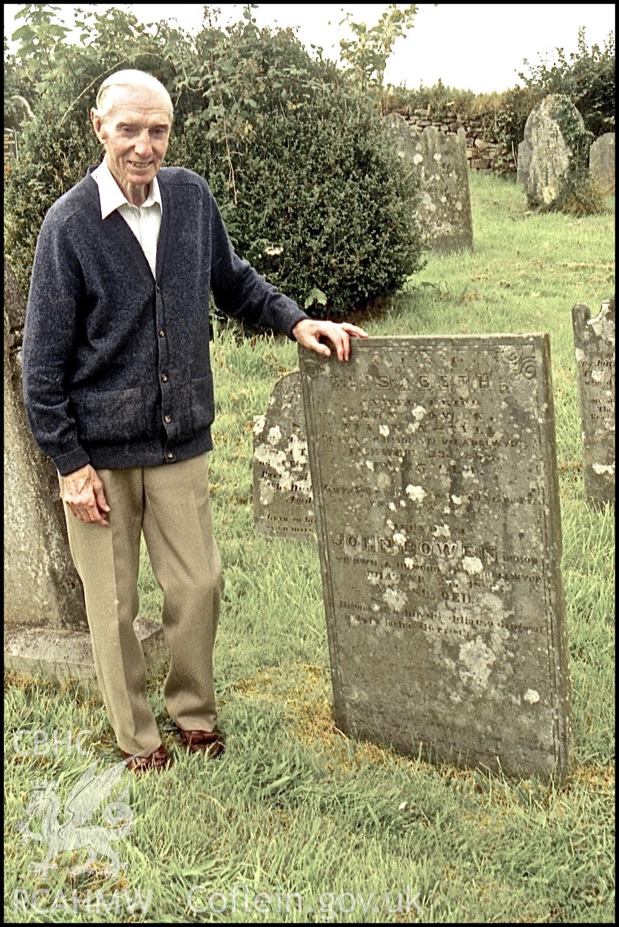 'Jack Bowen (B.1915 Llanelli - D.2009 Wigan aged 93) in 2001, standing next to his great grandparents grave at Bwlchgwynt, John and Elizabeth Bowen, who were tenant farmers of nearby Ffynnoncyll Farm.' Photographed by Keith Bowen