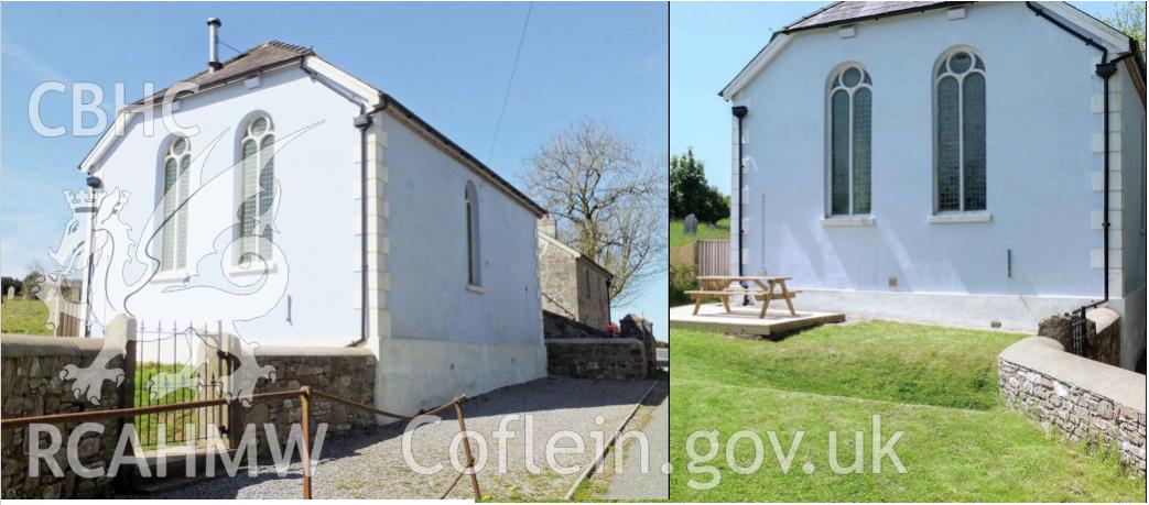 'Photos of the renovated Chapel in 2015, now a holiday home - photo on the right shows the preserved baptism pool, covered over by a canopy and outdoor table. The gate entrance to the cemetery for visitors can be seen on this photo on the left.' Photograph by Keith Bowen, 2016